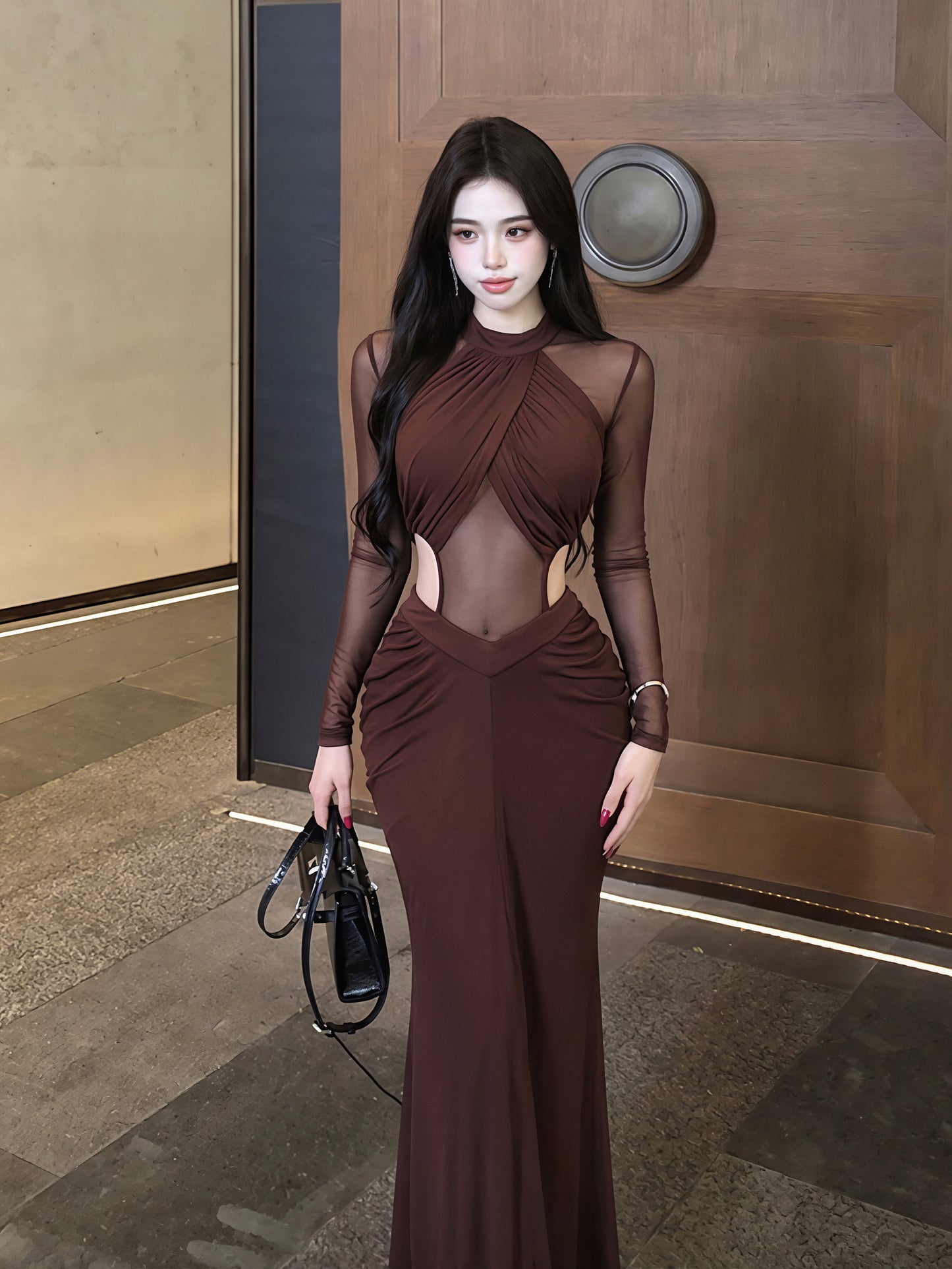 【dress】チュールドッキングウエストカットロングワンピース Q8831