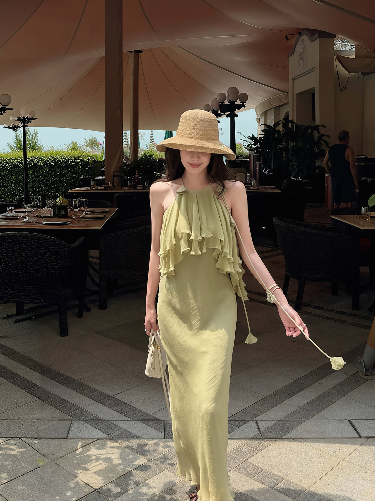【dress】ホルターネックフリルロングワンピース Q8870