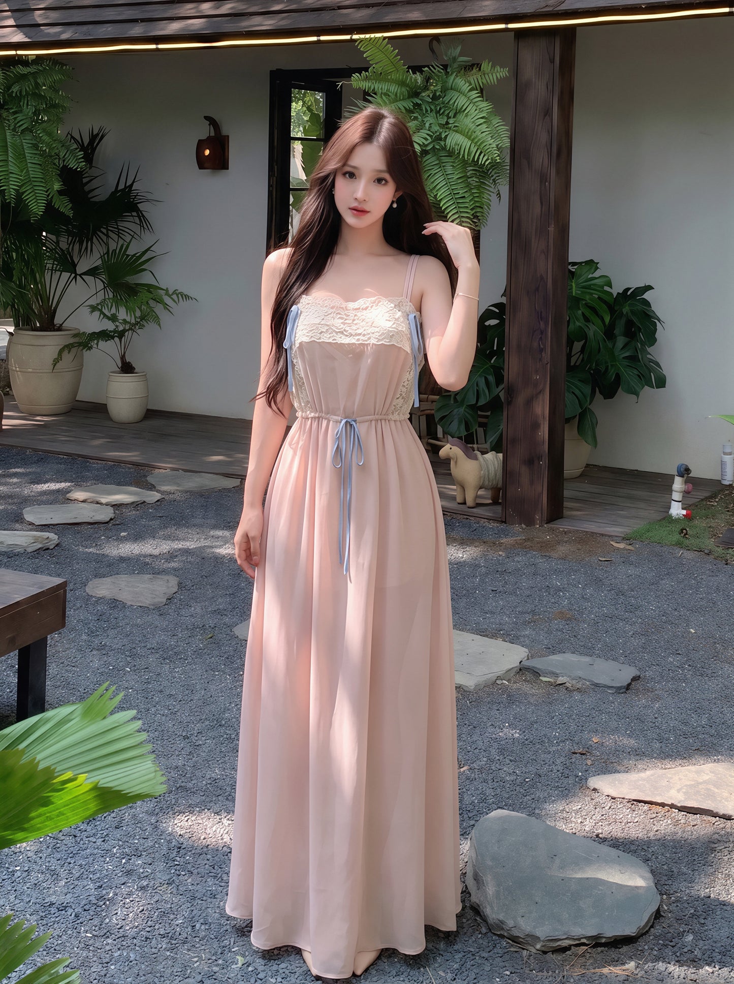 【dress】レースドッキングシフォンロングキャミワンピース Q8781