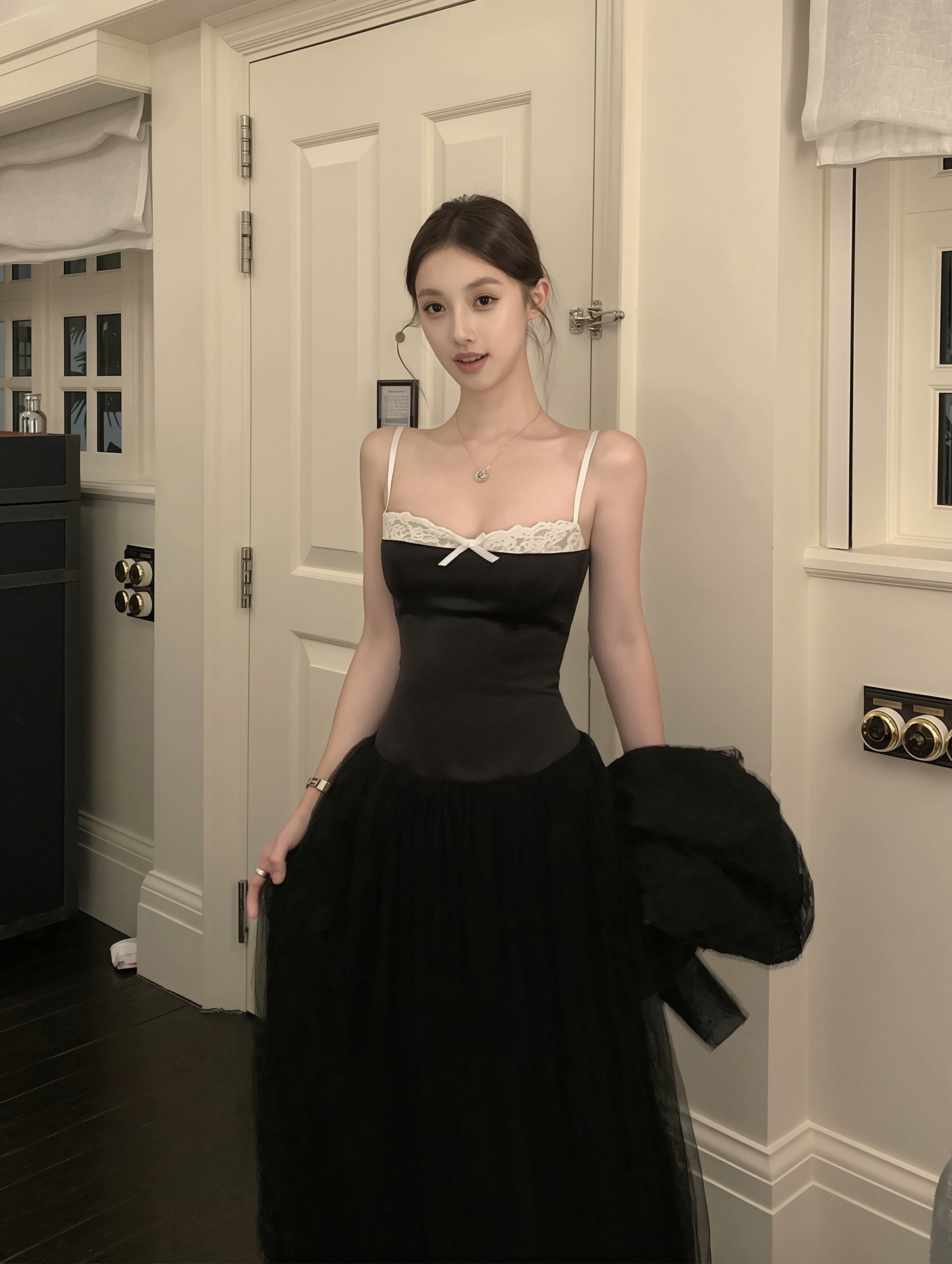 【dress】チュールドッキングAラインロングキャミワンピース Q8867