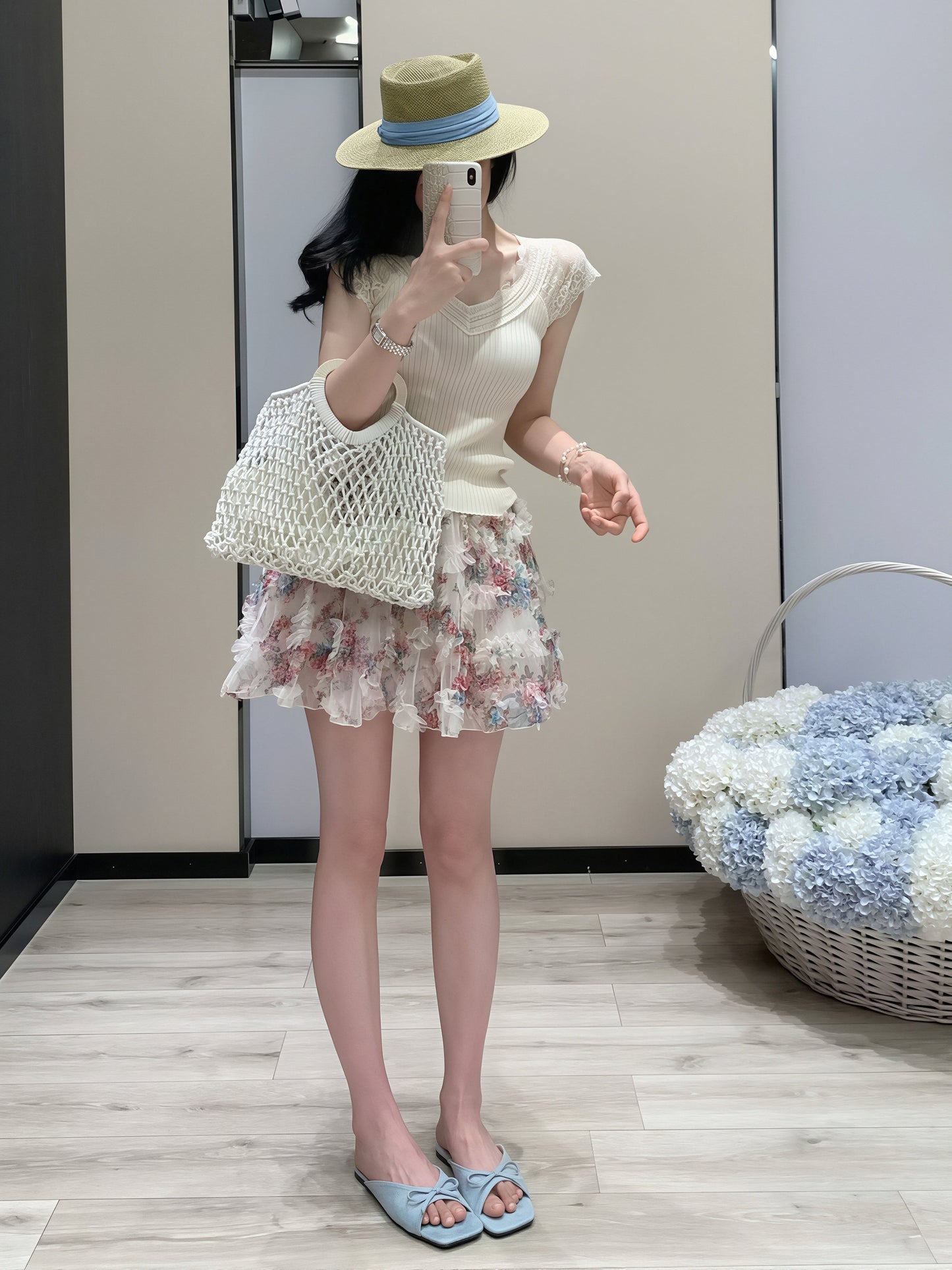【set】レースドッキングトップス×フラワー柄スカートセット Q8816