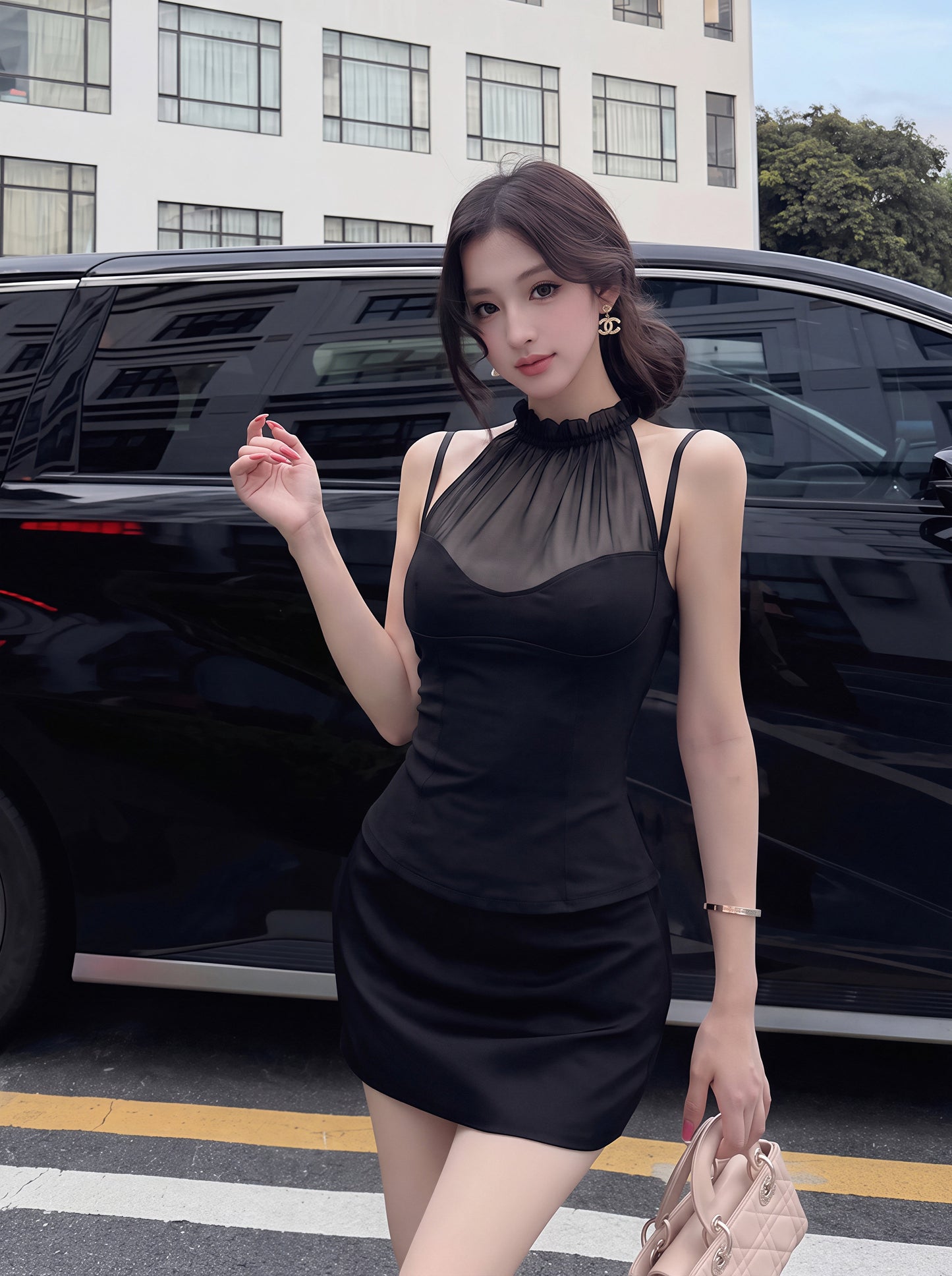 【tops】チュールドッキングホルターネックトップス Q8785