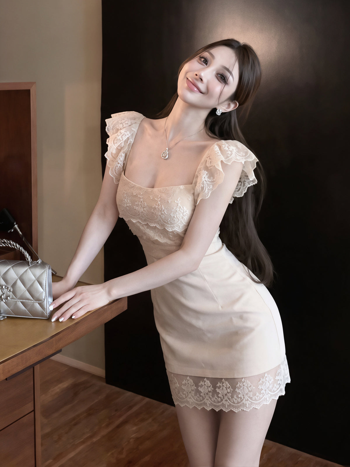 【dress】フラッタースリーブレースワンピース Q8778