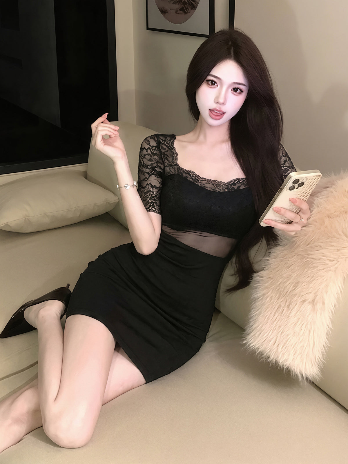 【dress】オフショルダーレースドッキングミニワンピース Q8861
