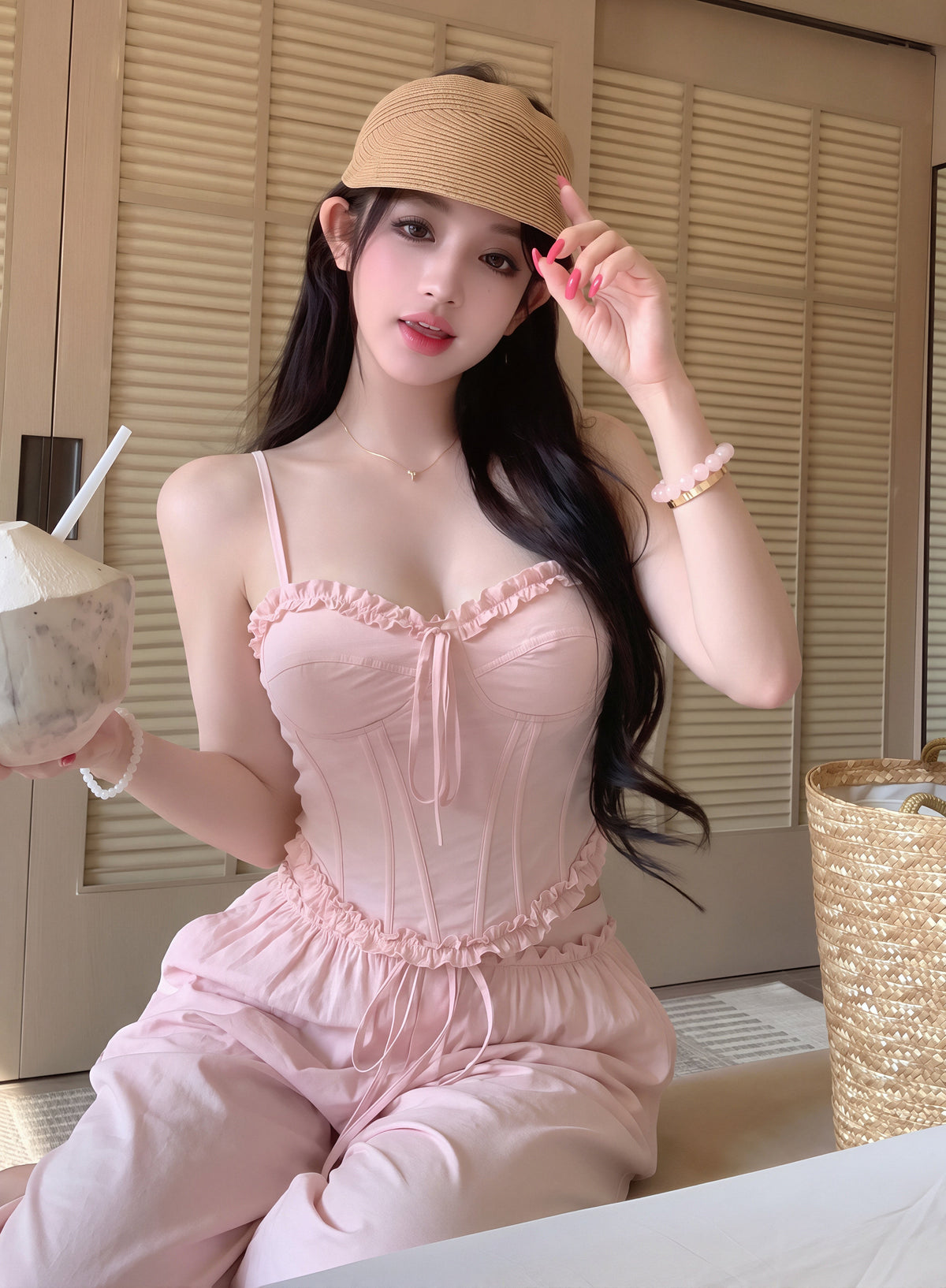 【set】ギャザーフリルキャミソール×ワイドパンツセット Q8795