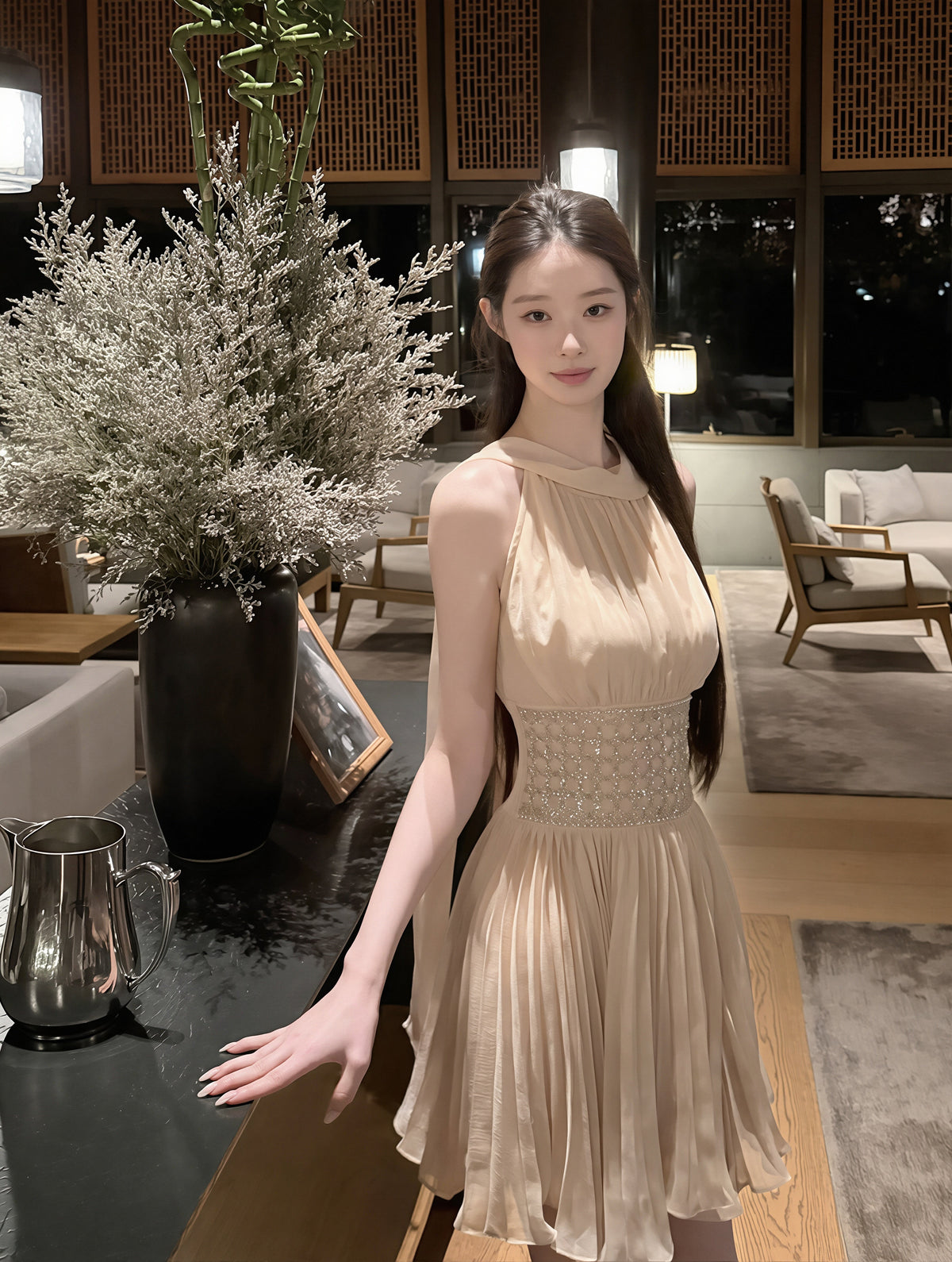 【dress】 ラインストーン付きスカーフネックワンピース Q8885