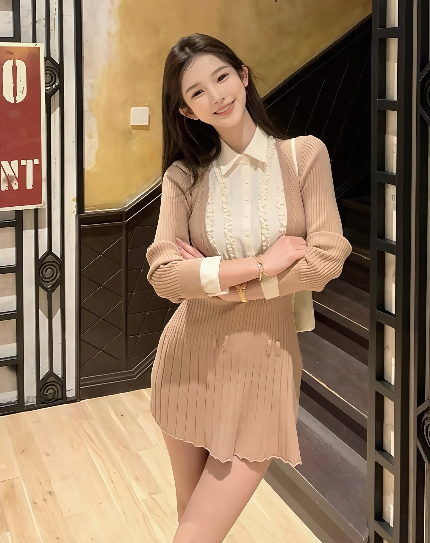 【dress】ニットドッキングフェイクレイヤードワンピース Q8994