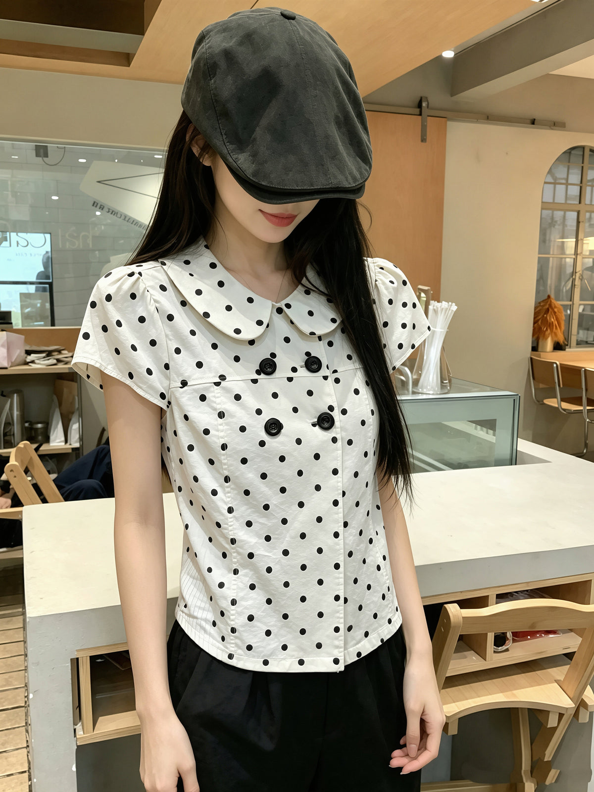【tops】ドット柄ピーターパンカラートップス Q8858