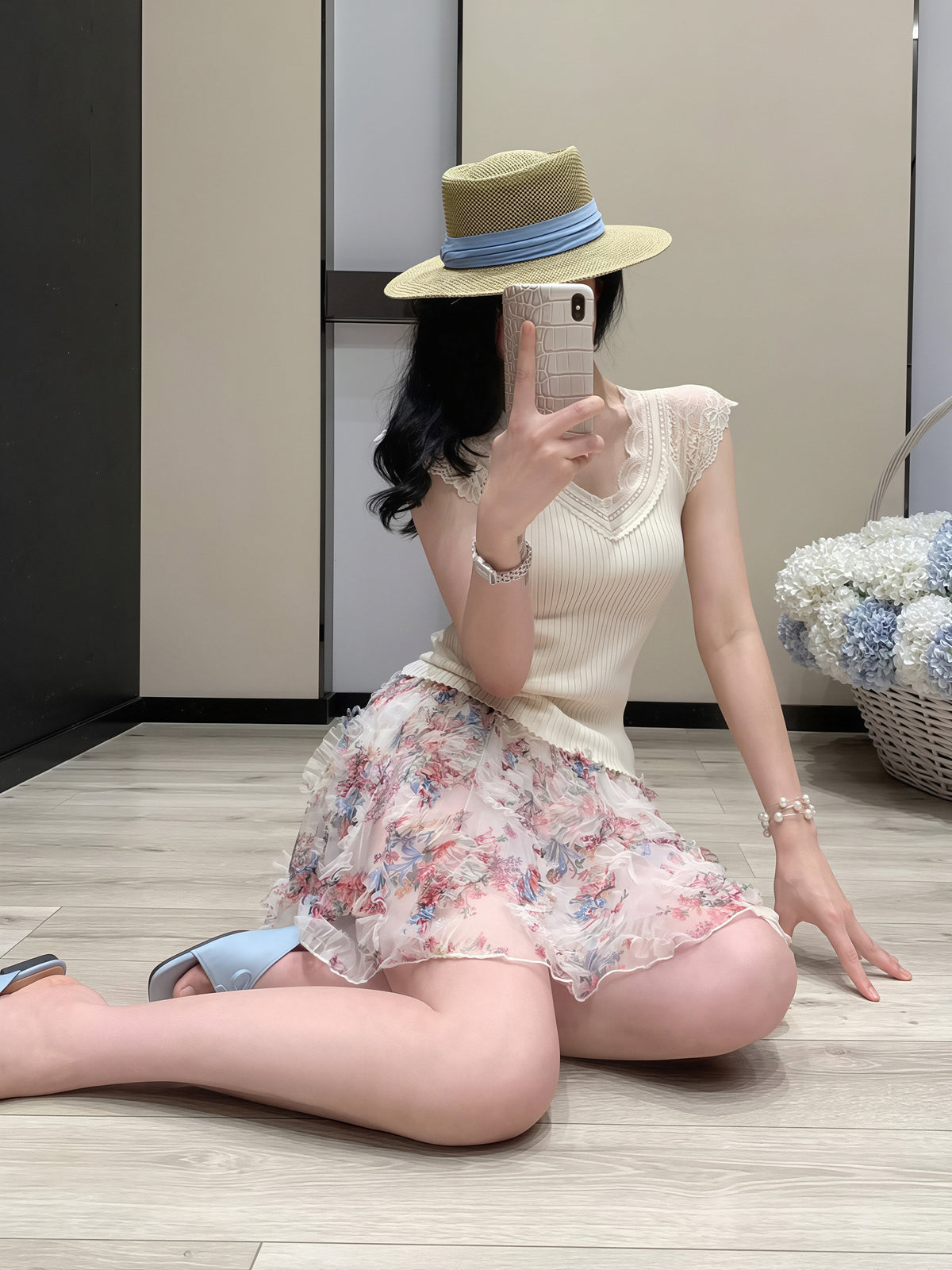 【set】レースドッキングトップス×フラワー柄スカートセット Q8816