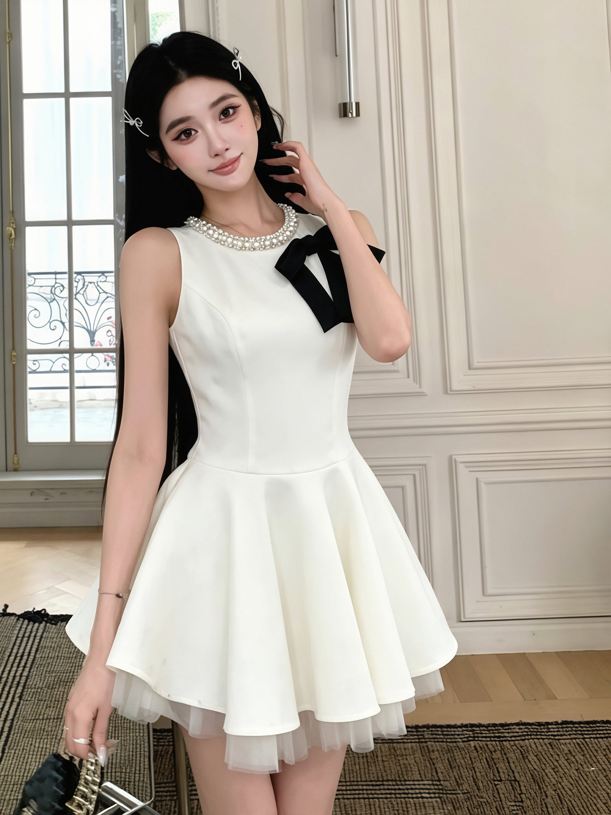 【dress】リボン付きノースリーブAラインワンピース Q8753