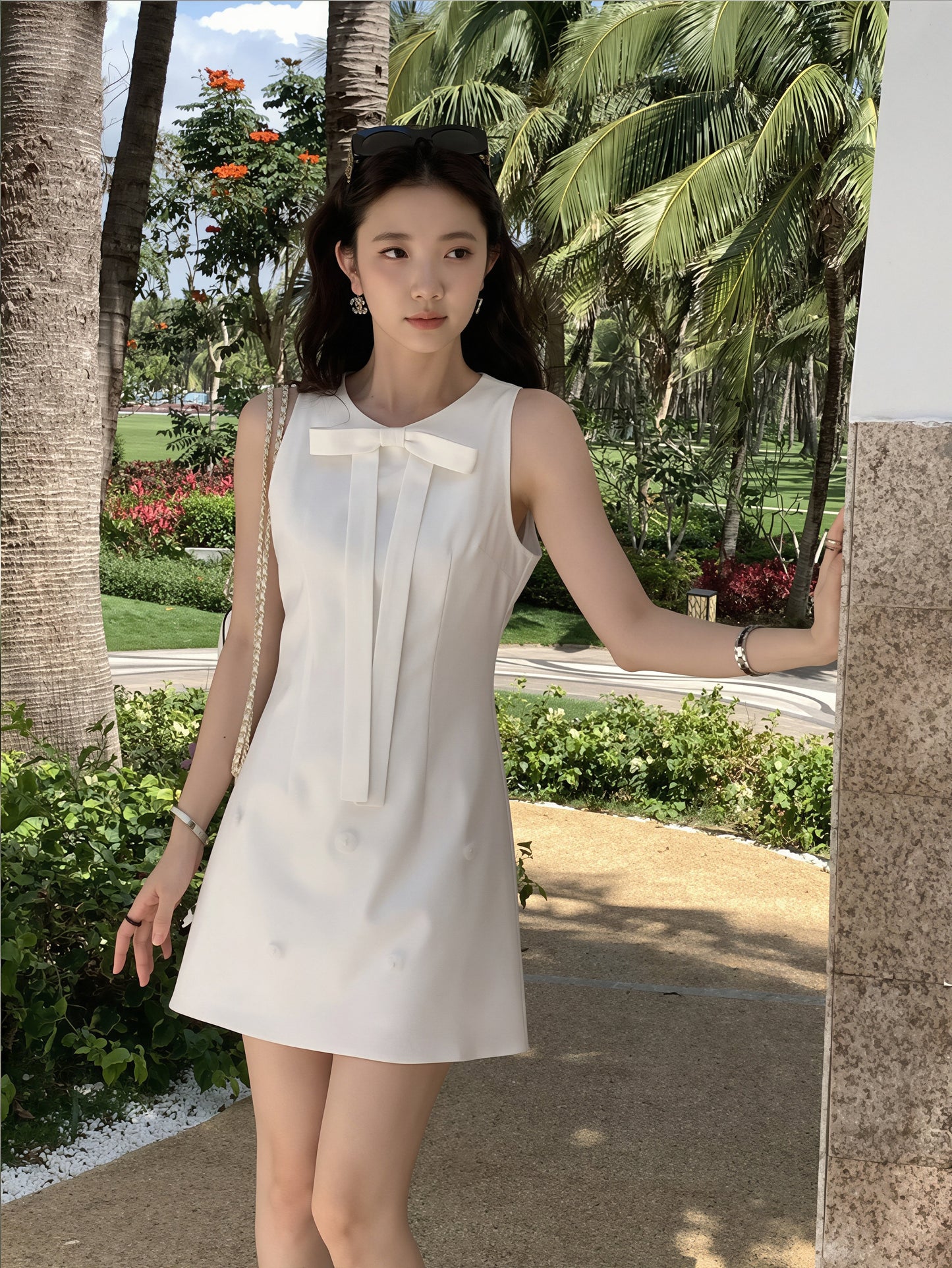 【dress】リボン付きノースリーブワンピース Q8774