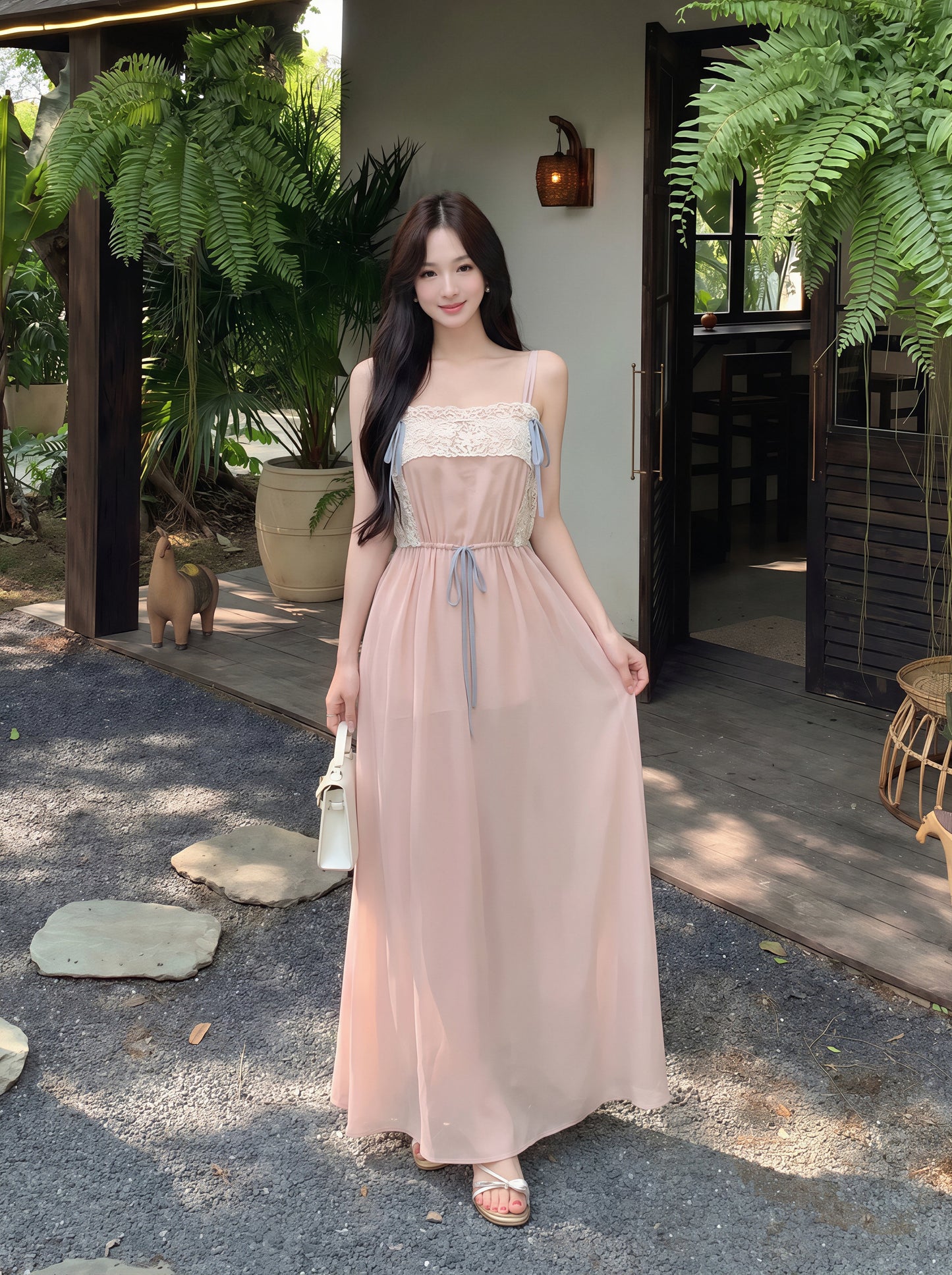 【dress】レースドッキングシフォンロングキャミワンピース Q8781