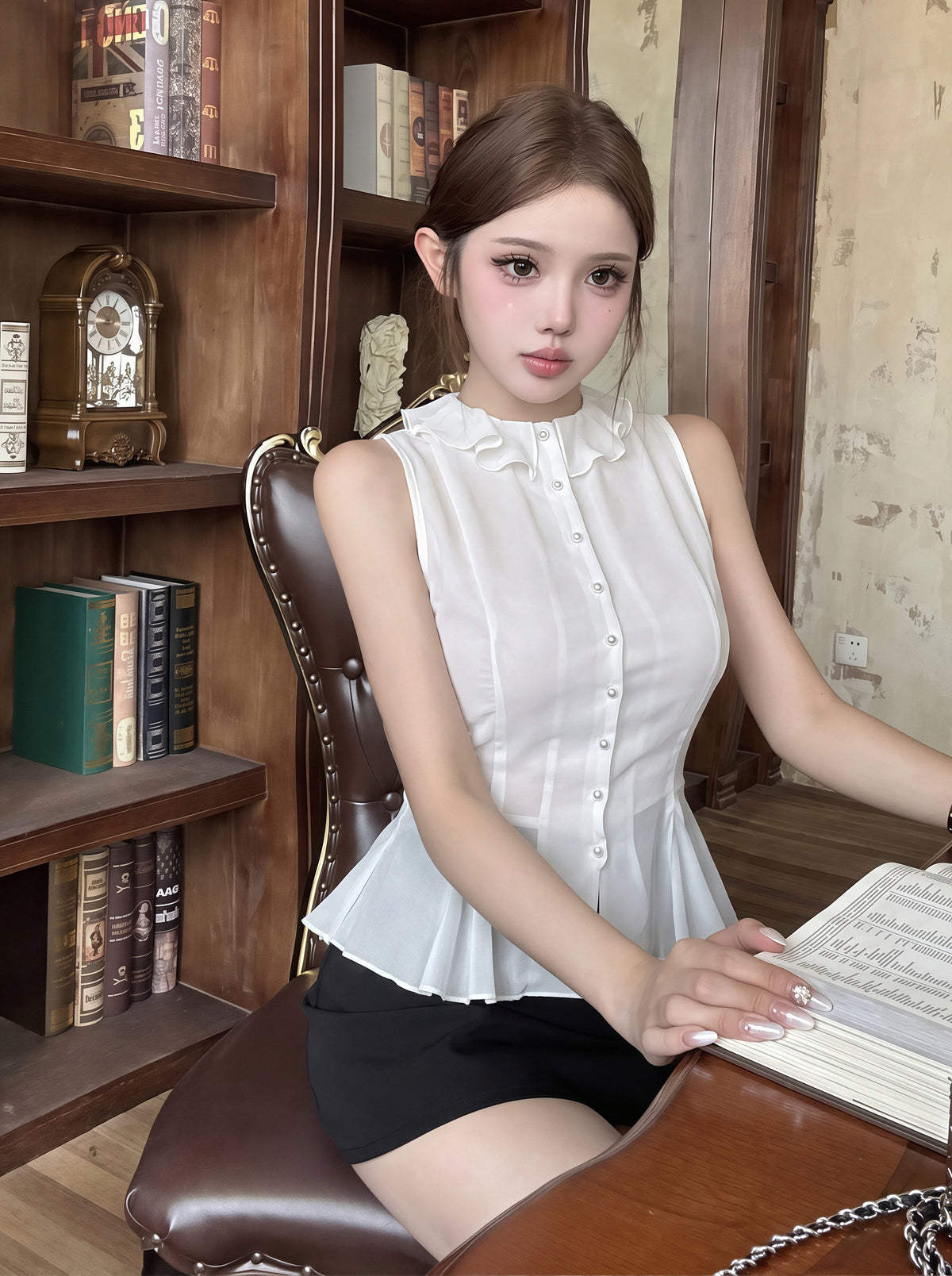 【tops】ノースリーブフリルカラーシャツ Q8733