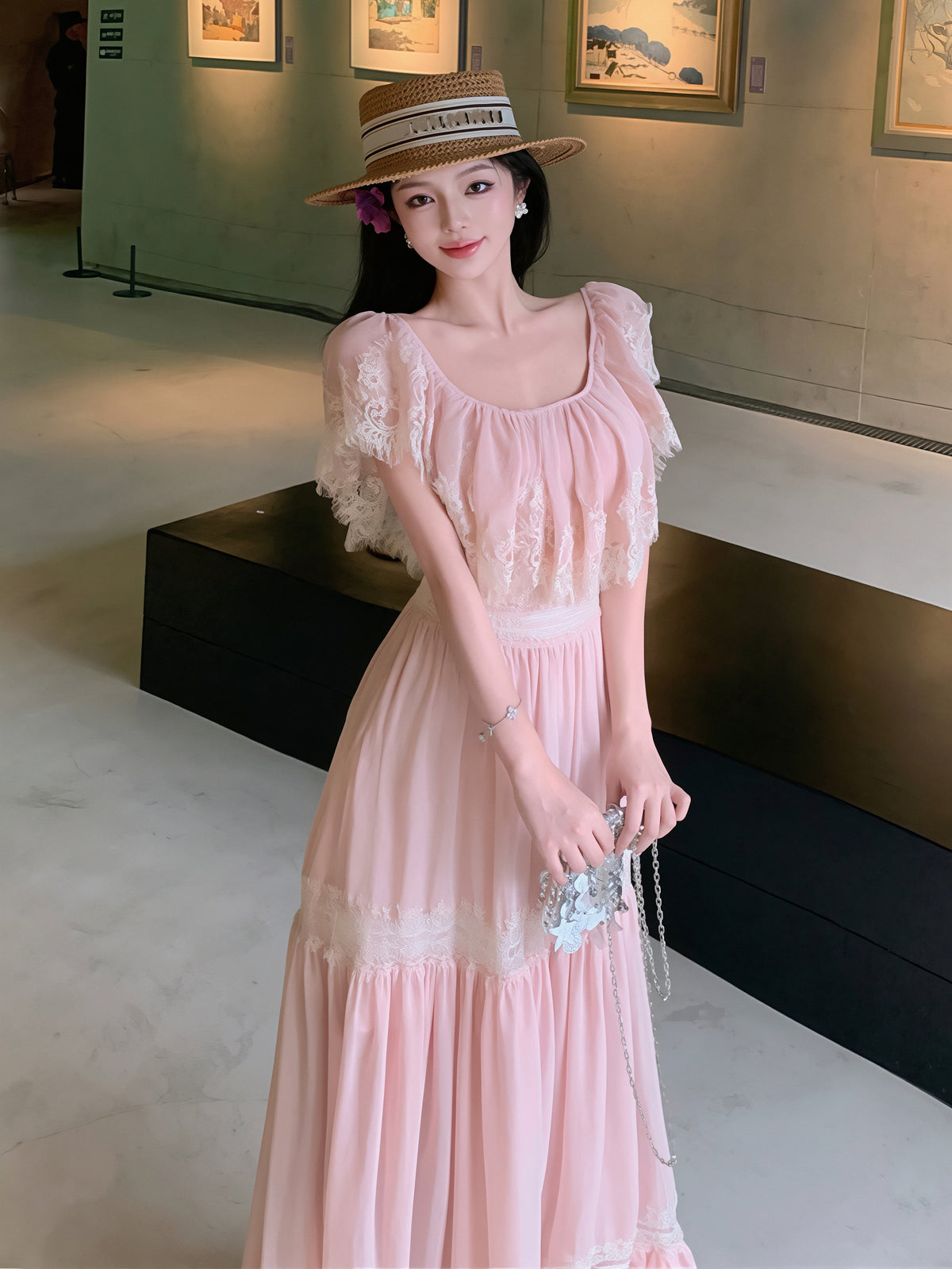 【dress】レースドッキングロングワンピース Q8717