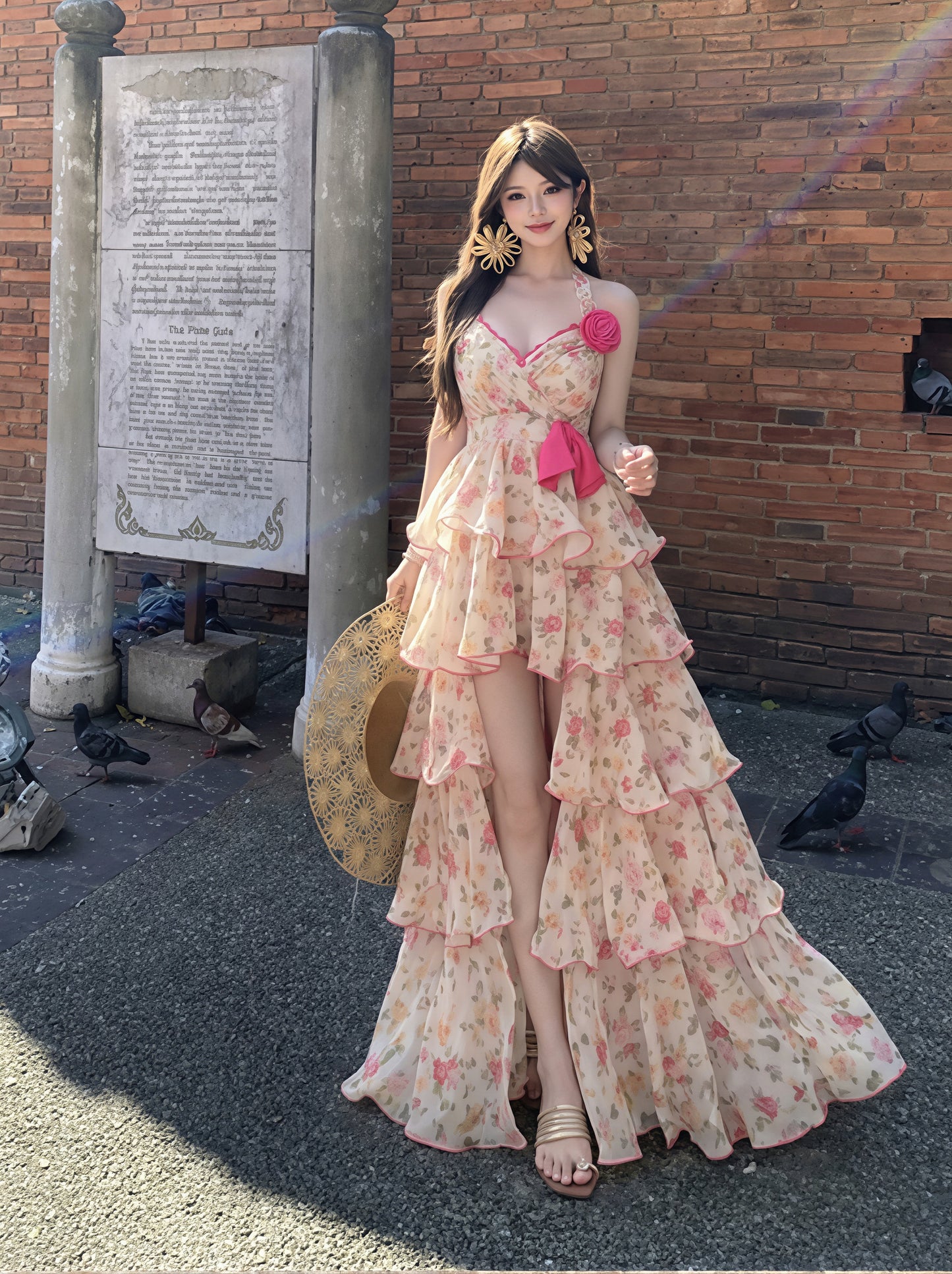 【dress】フラワー柄イレヘムロングキャミワンピース Q8851