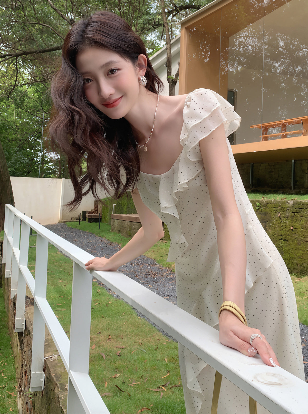 【dress】ドット柄フリルロングワンピース Q8766