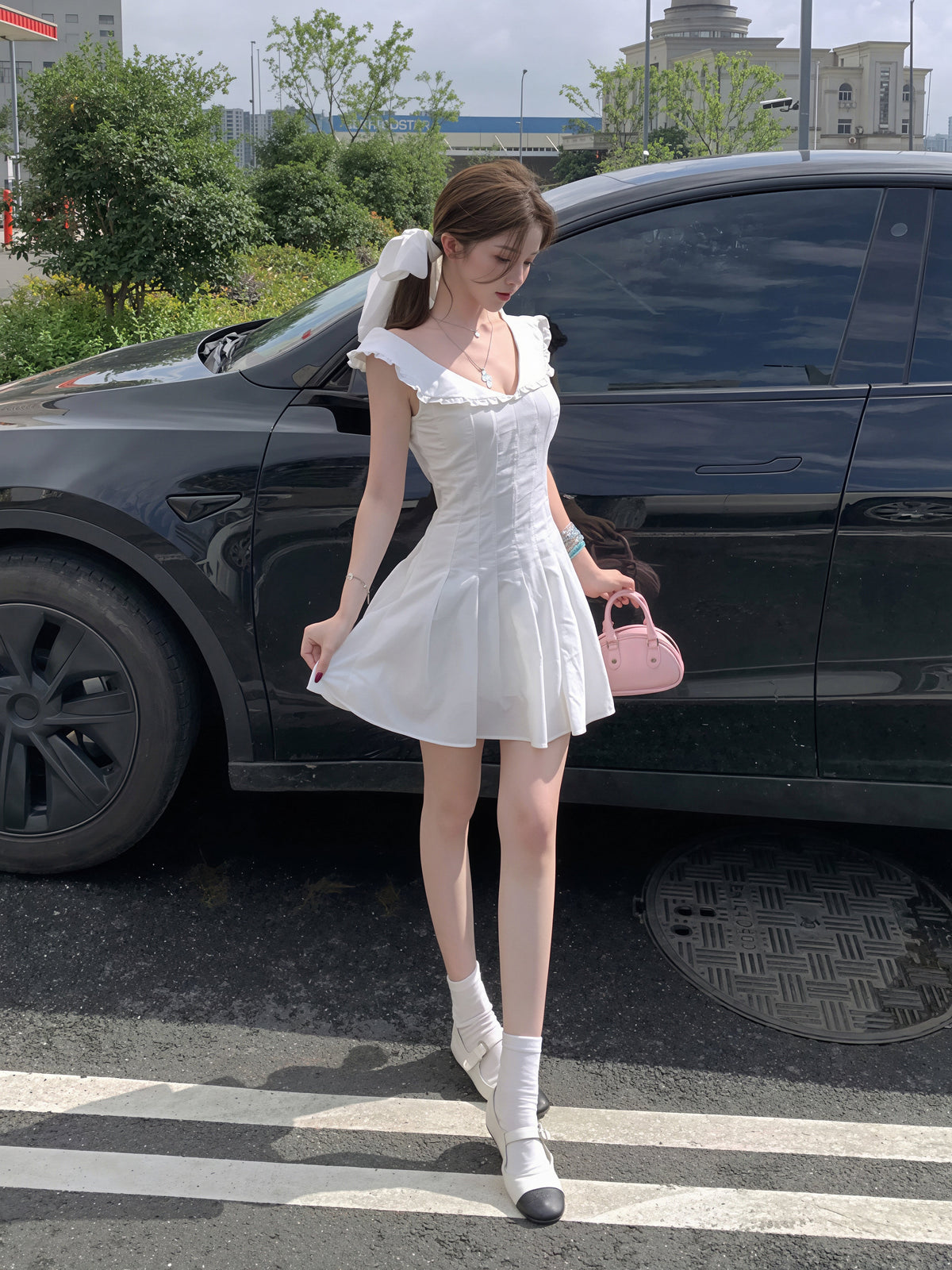 【dress】ヘアリボン付きピーターパンカラーワンピース Q8855