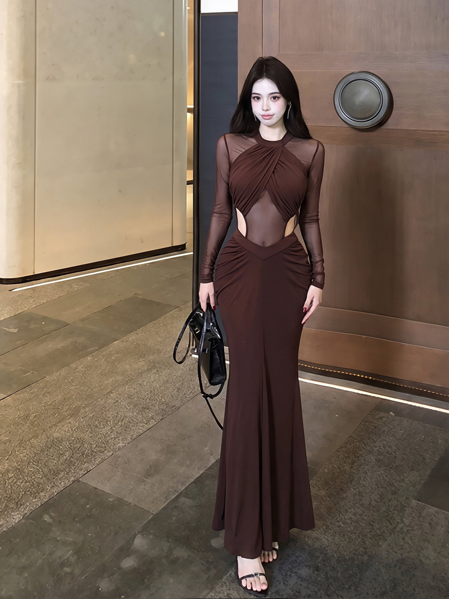 【dress】チュールドッキングウエストカットロングワンピース Q8831
