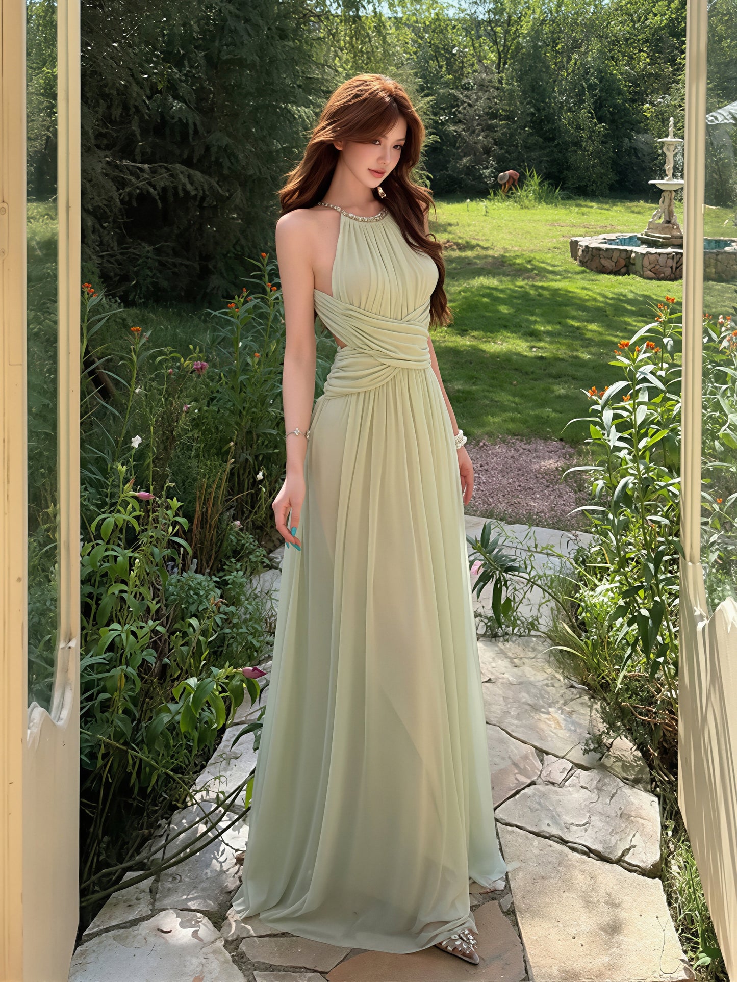 【dress】ノースリーブバックオーポンロングワンピース Q8865