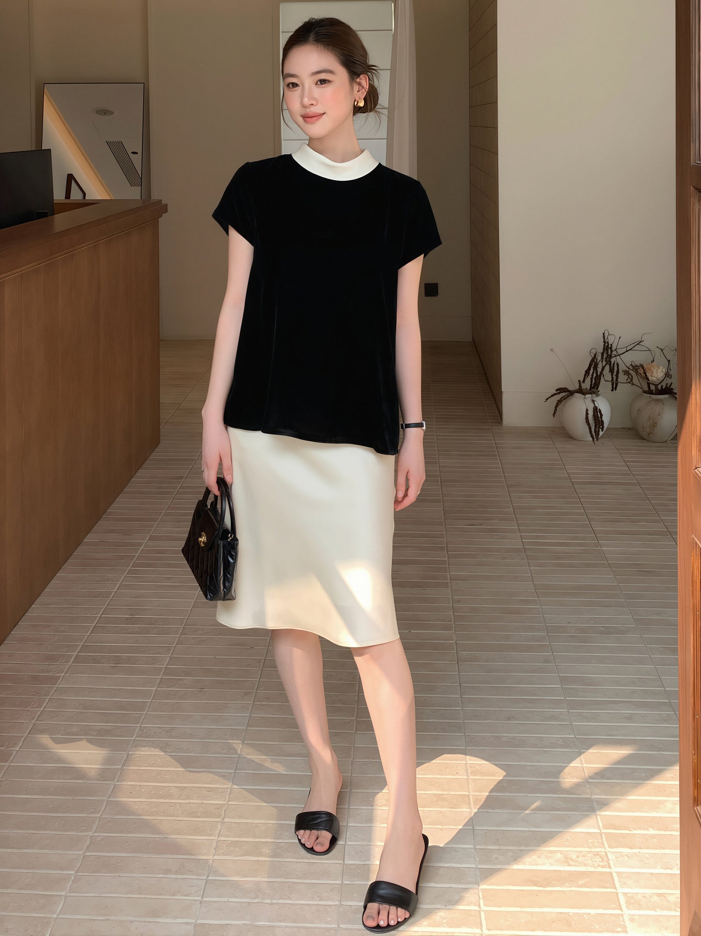 【tops】ベルベット半袖配色トップス Q8752