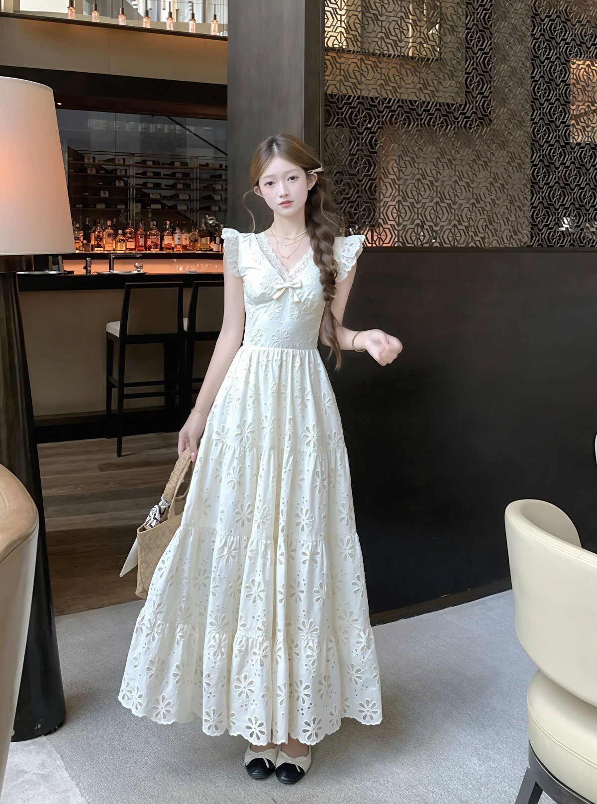【dress】フラッタースリーブロングレースワンピース Q8819