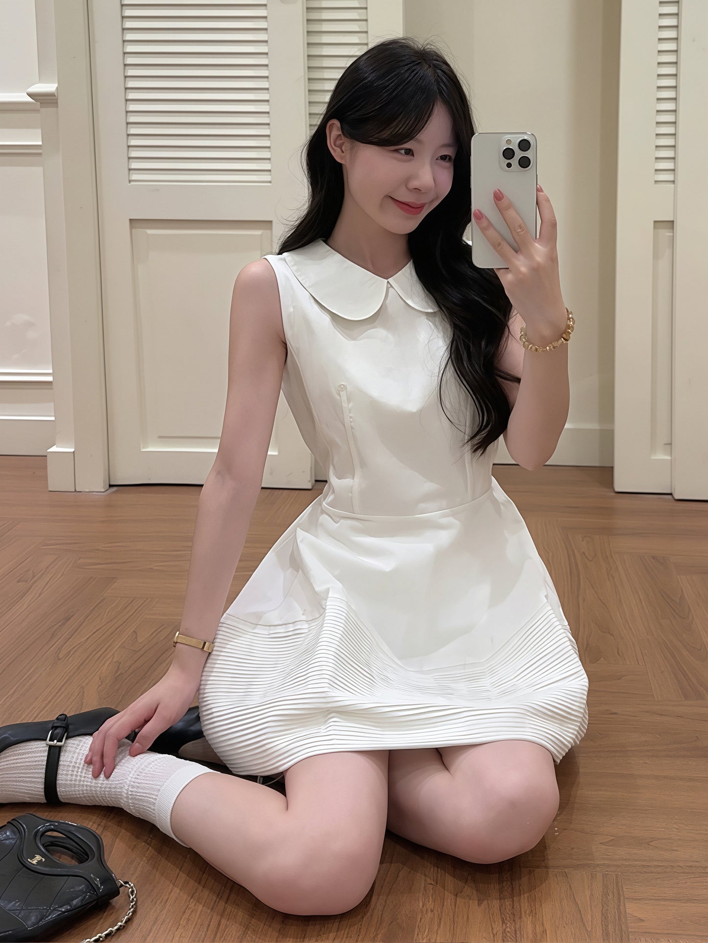 【dress】ピーターパンカラーノースリーブAラインワンピース Q8828