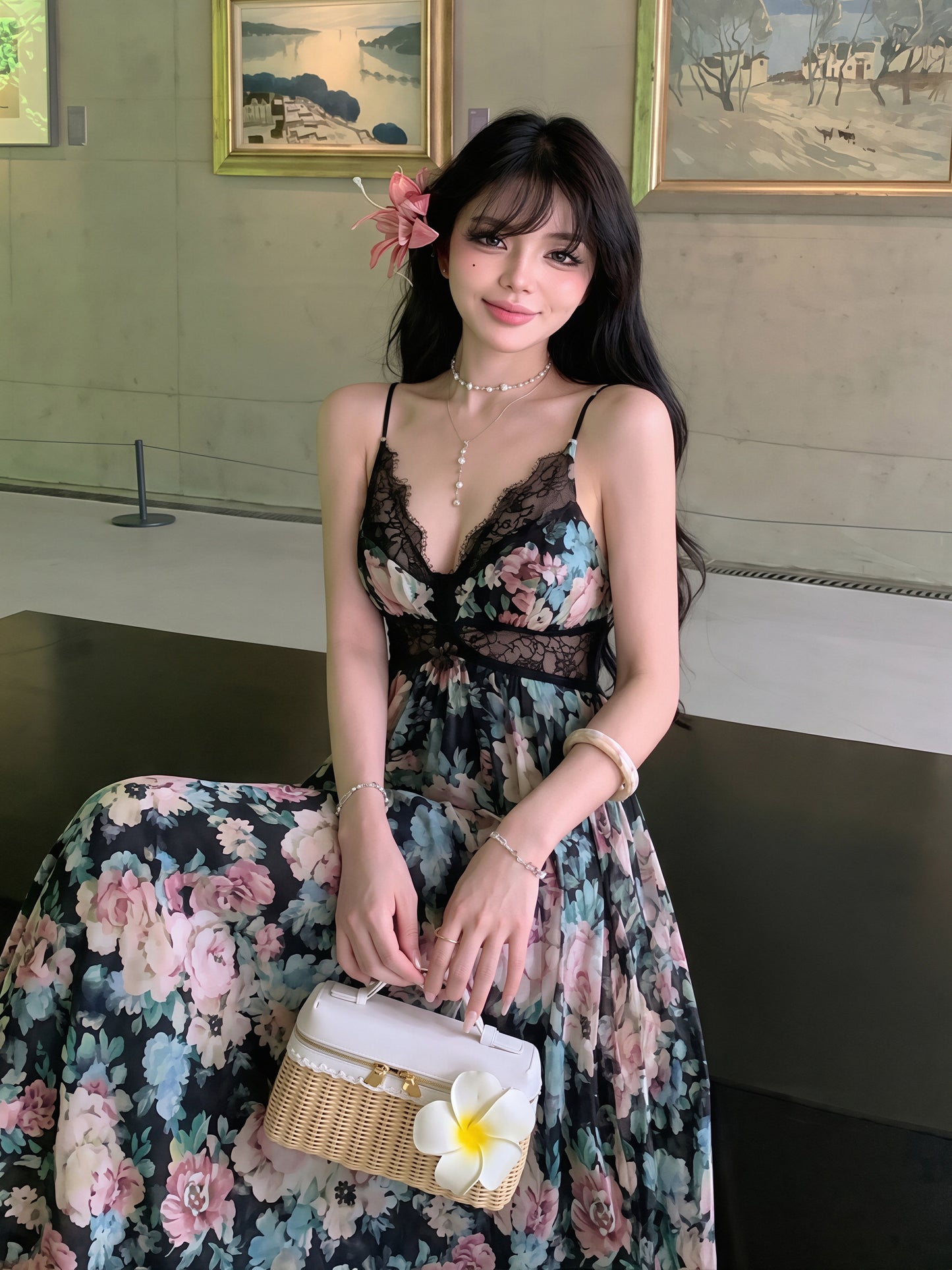 【dress】フラワー柄レースドッキングロングキャミワンピース Q8728