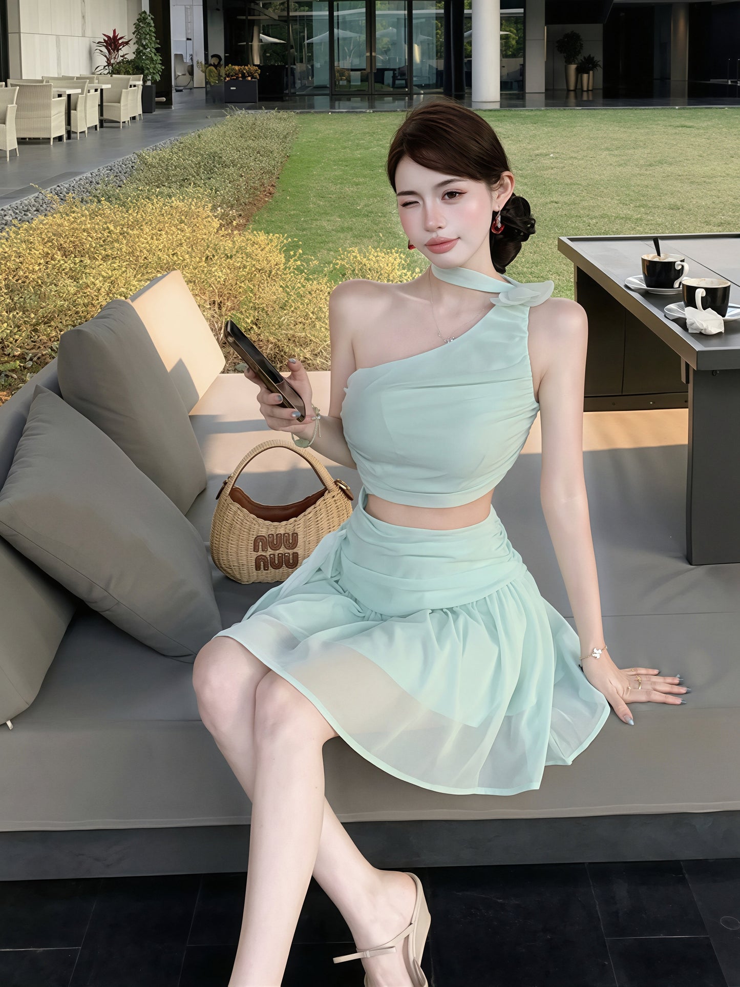 【dress】ワンショルダー腰カットシフォンワンピース Q8718