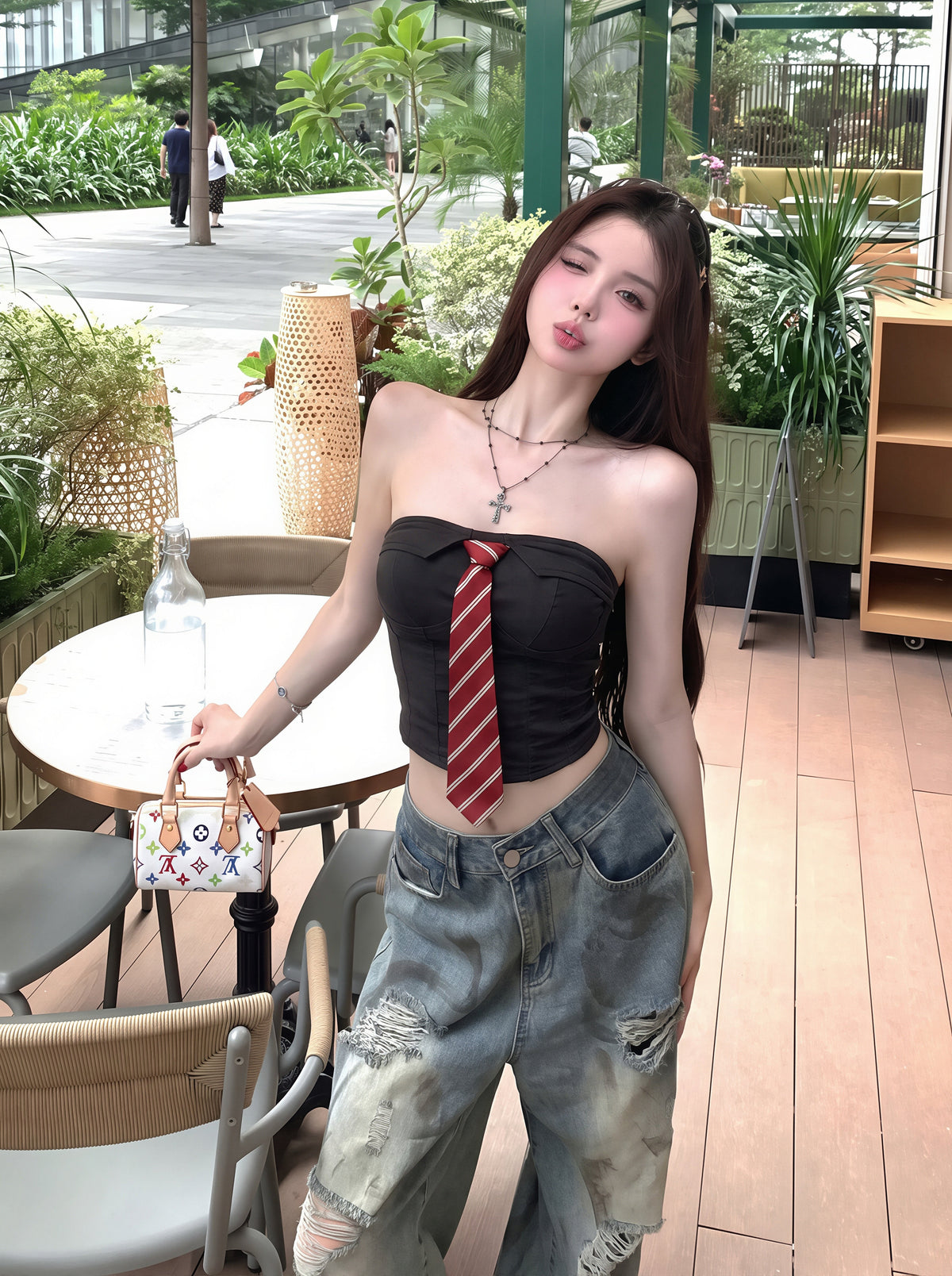 【tops】ネクタイ付きデニムチューブトップス Q8798