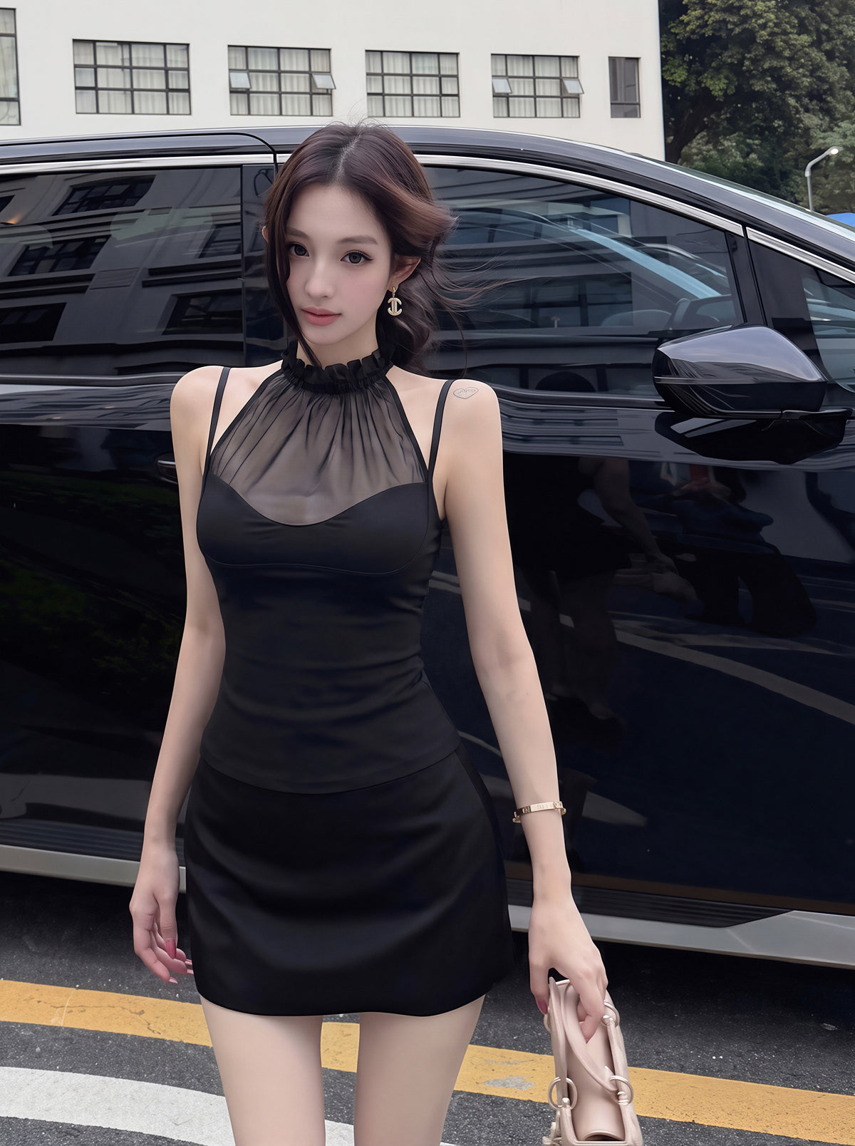 【tops】チュールドッキングホルターネックトップス Q8785