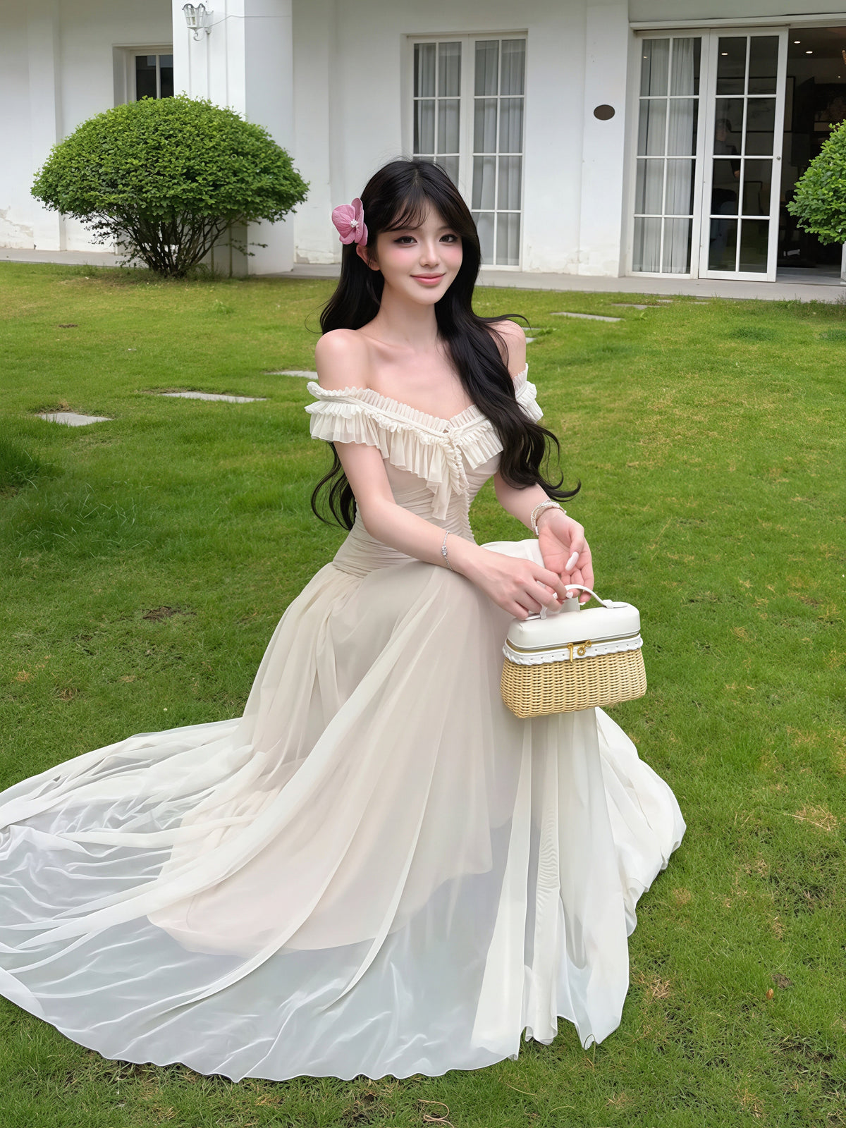 【dress】オフショルダーシアーチュールロングワンピース Q8850