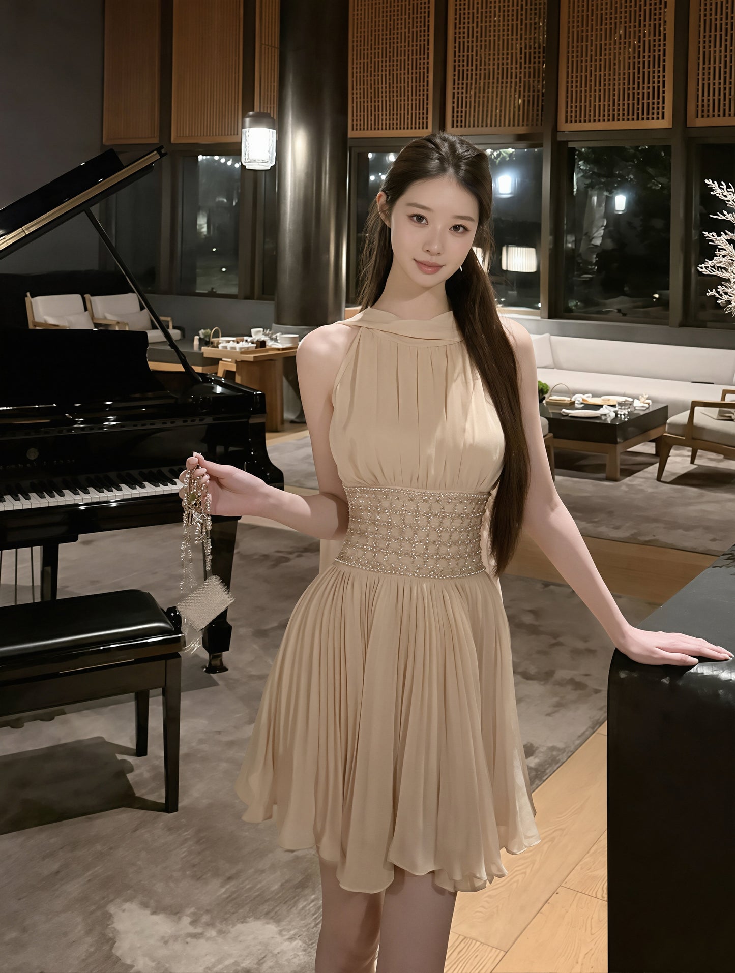 【dress】 ラインストーン付きスカーフネックワンピース Q8885