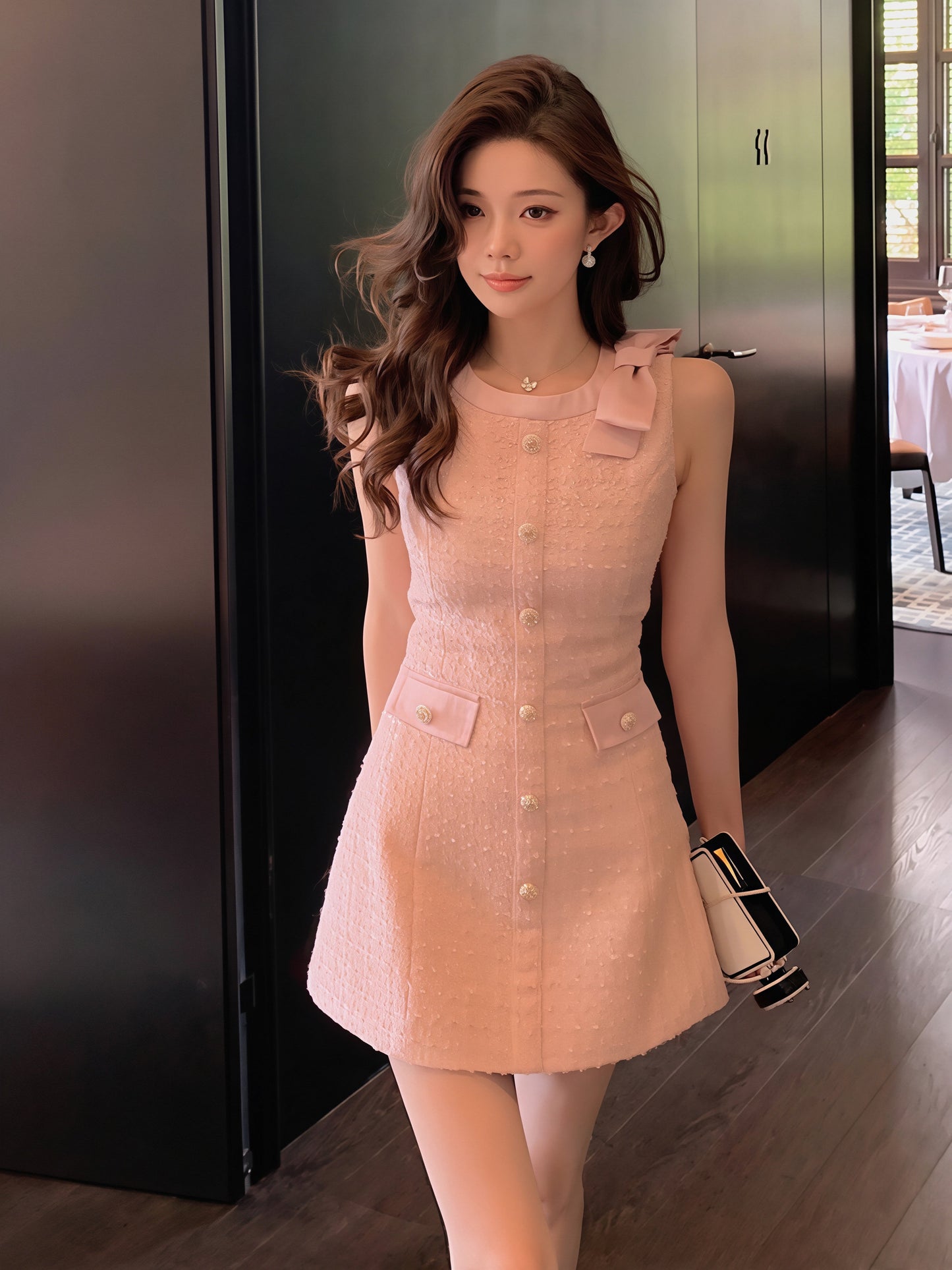 【dress】リボン付きノースリーブワンピース Q8817