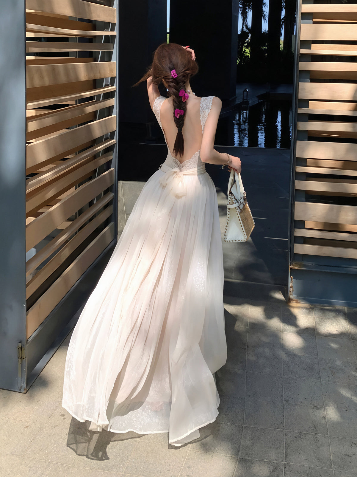 【dress】レースドッキングチュールロングワンピース Q8854