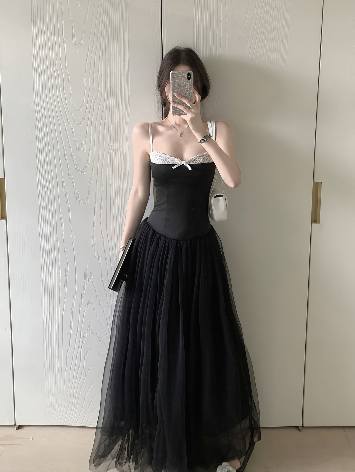 【dress】チュールドッキングAラインロングキャミワンピース Q8867