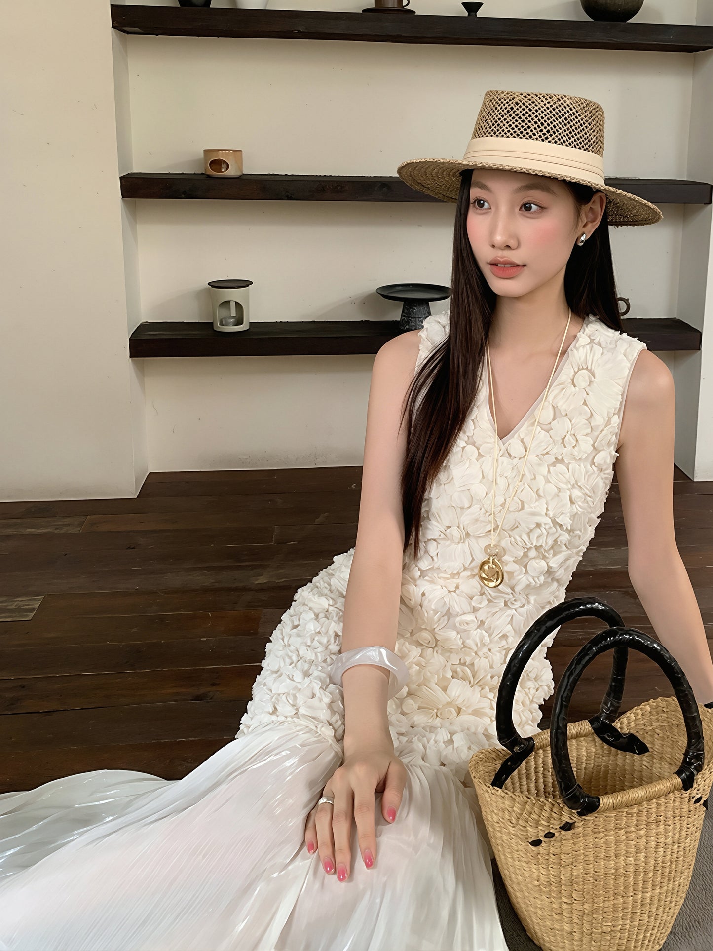【dress】Vネックチュールドッキングロングベストワンピース Q8824