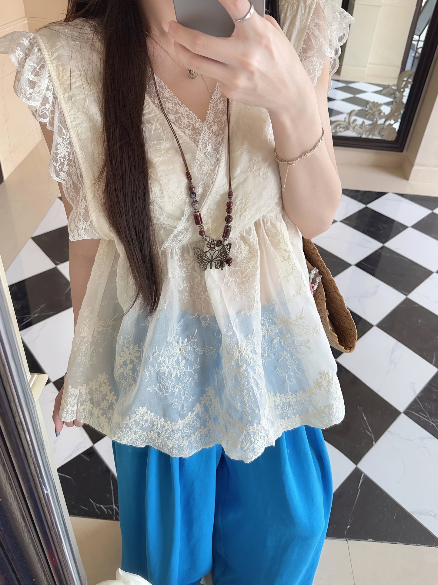 【set】レーストップス×ワイドパンツセット Q8741