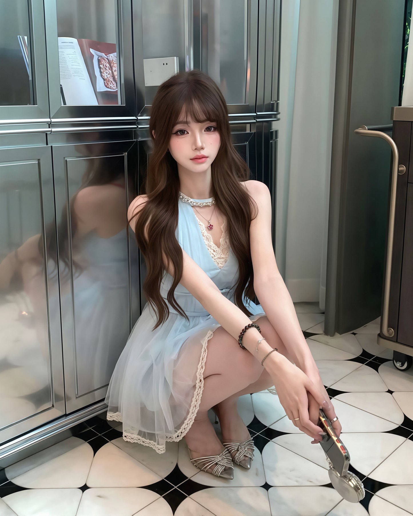 【dress】ラインストーン付きレースドッキングワンピース Q8935