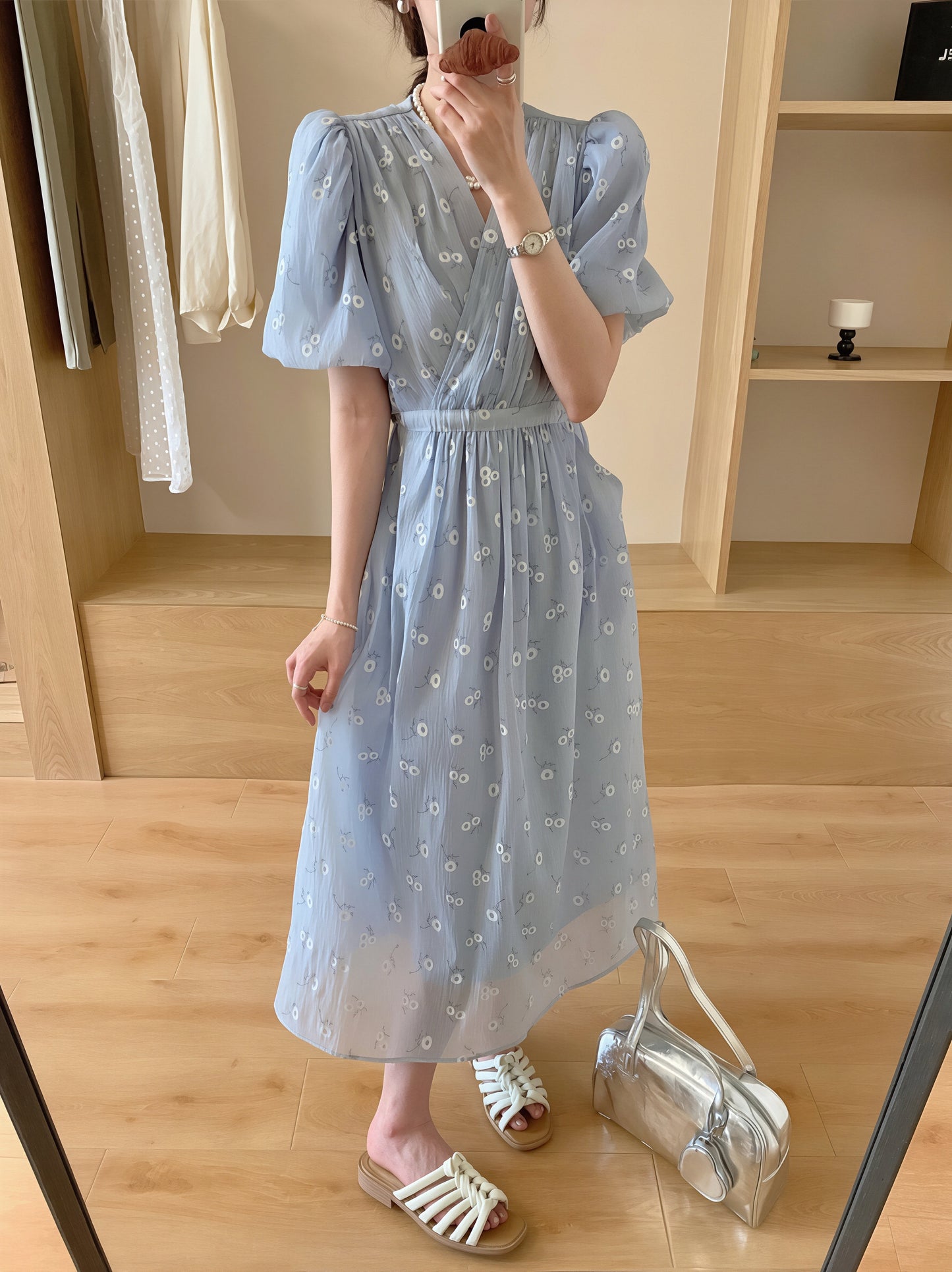 【dress】クロスネックフラワー柄ロングワンピース Q8877