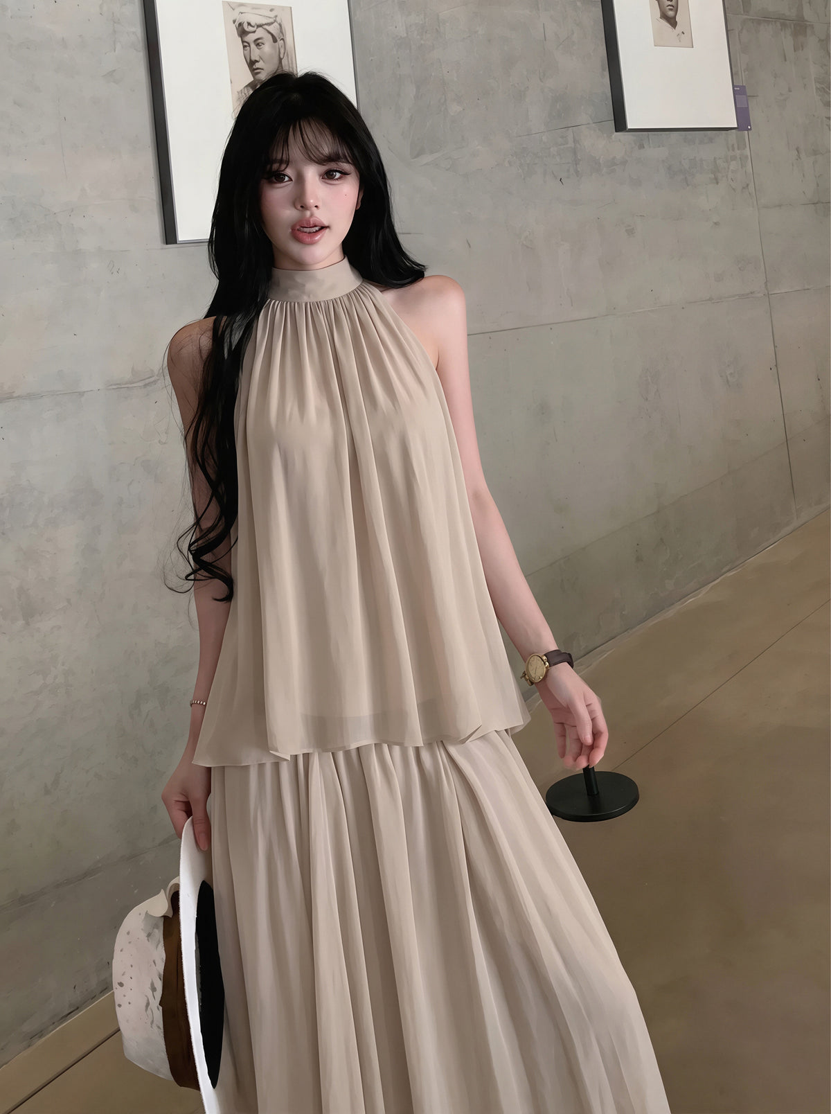 【set】ノースリーブトップス×ロングスカートセット Q8732