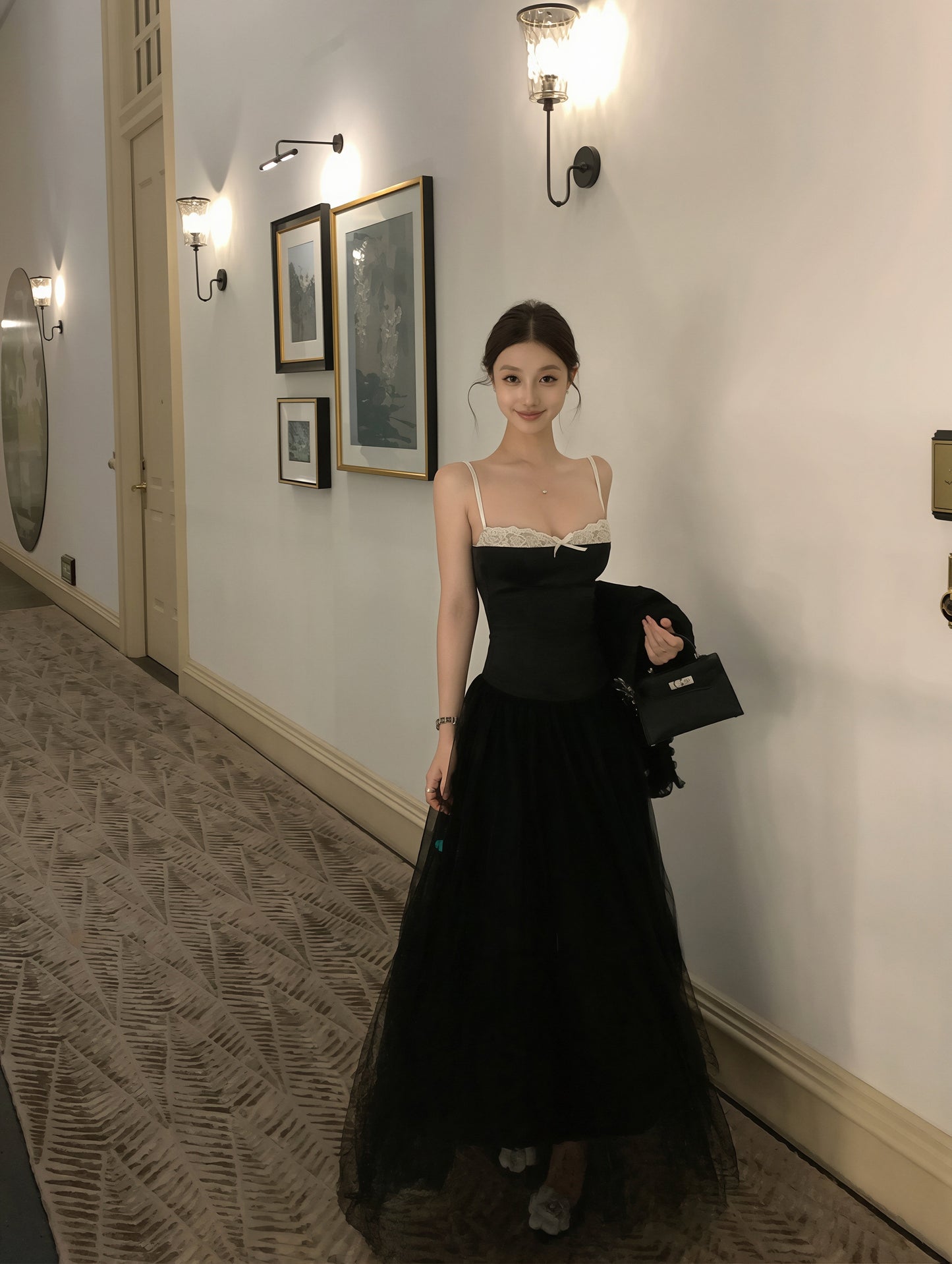 【dress】チュールドッキングAラインロングキャミワンピース Q8867