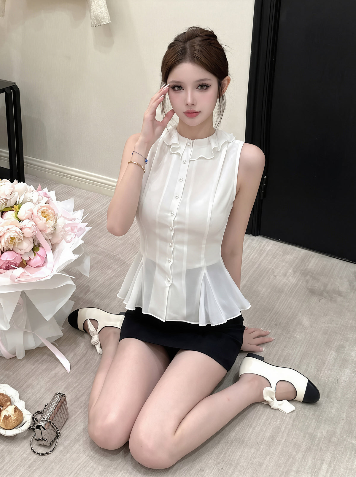 【tops】ノースリーブフリルカラーシャツ Q8733