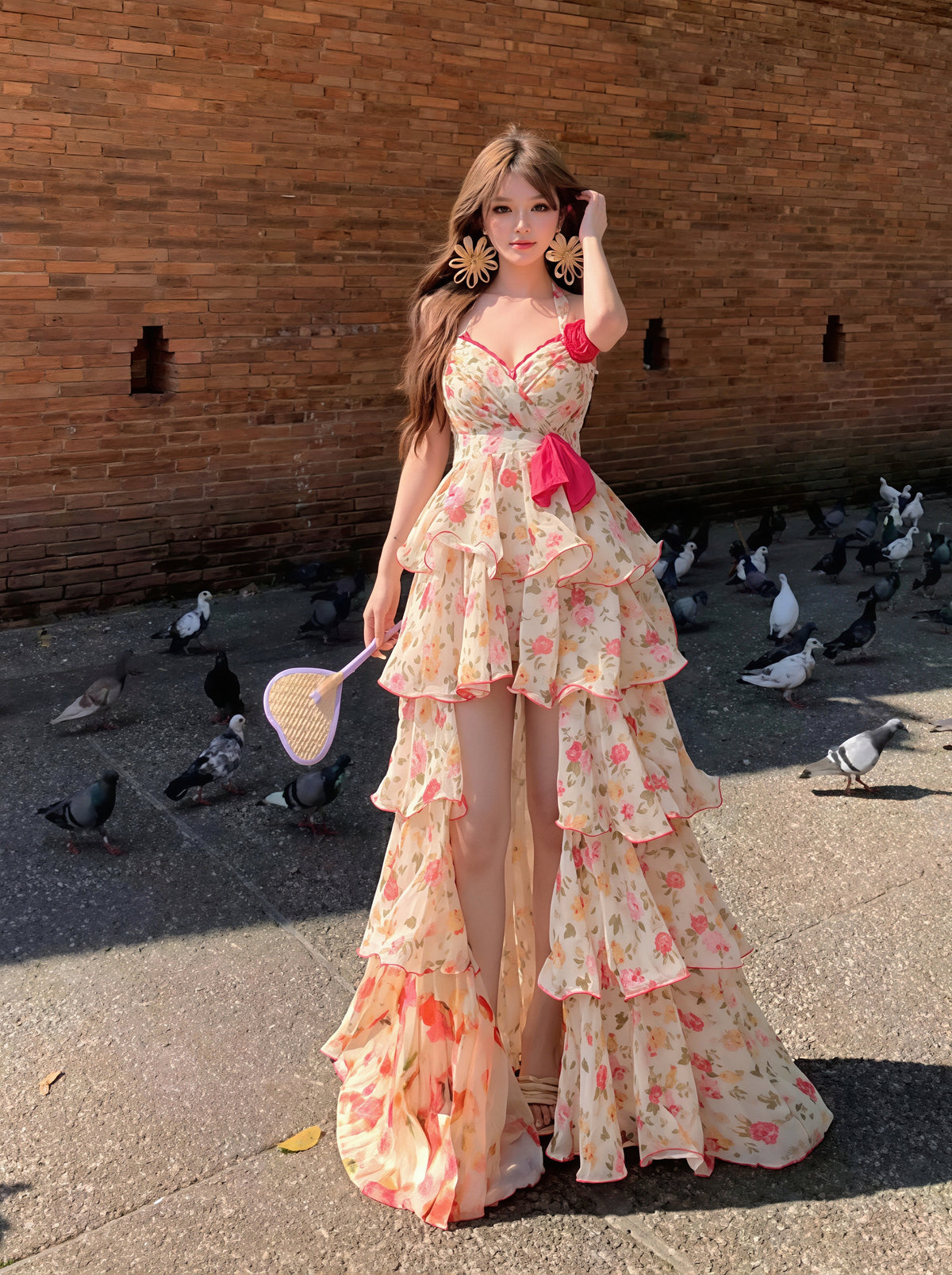 【dress】フラワー柄イレヘムロングキャミワンピース Q8851