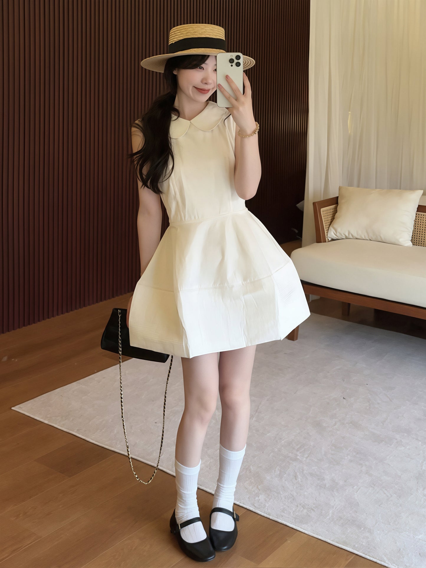 【dress】ピーターパンカラーノースリーブAラインワンピース Q8828