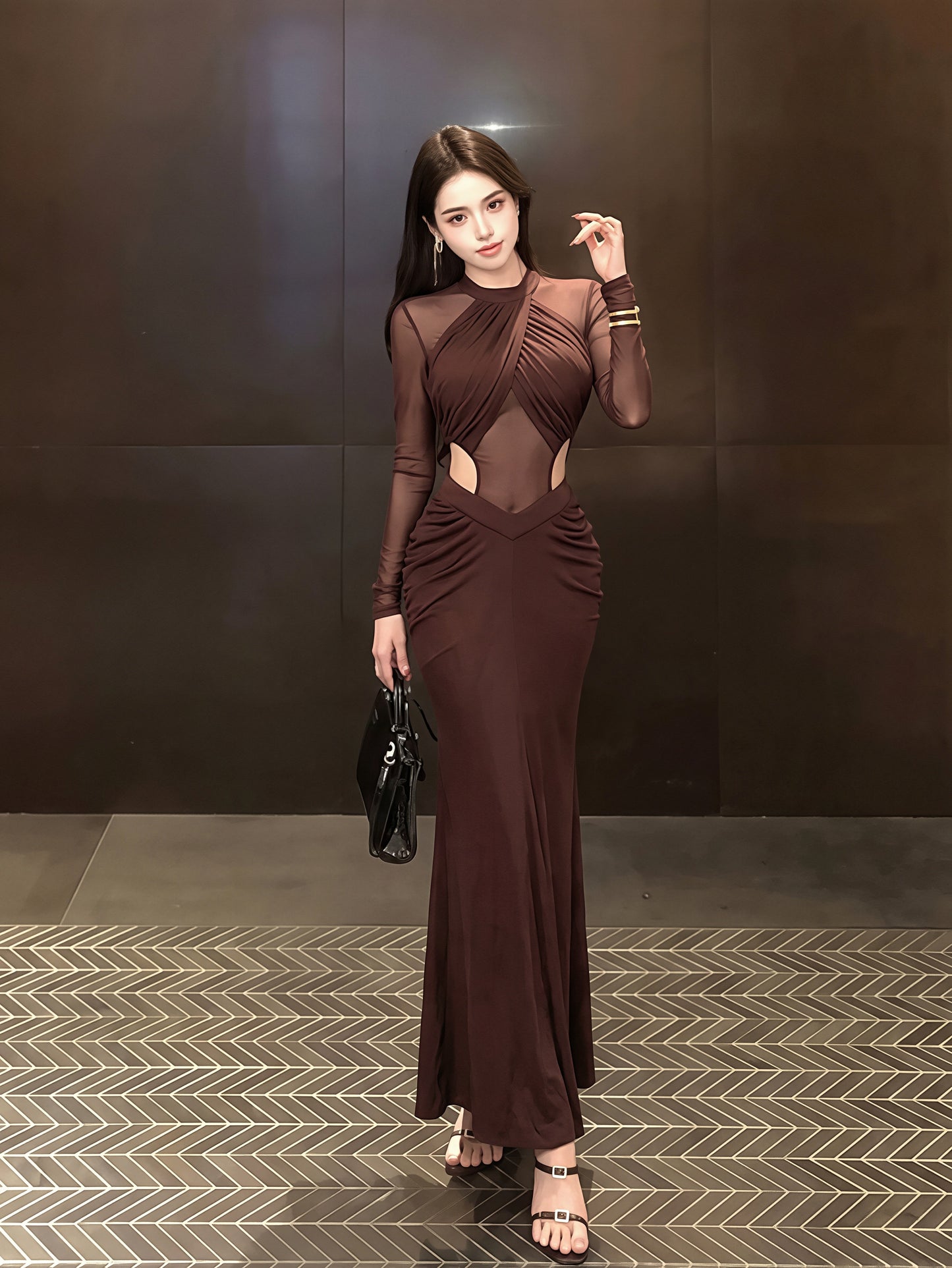 【dress】チュールドッキングウエストカットロングワンピース Q8831