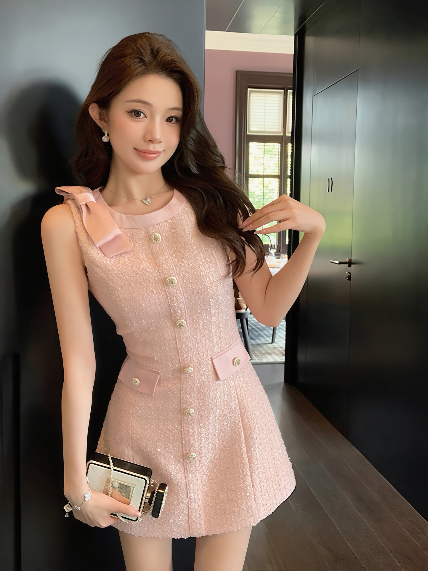【dress】リボン付きノースリーブワンピース Q8817