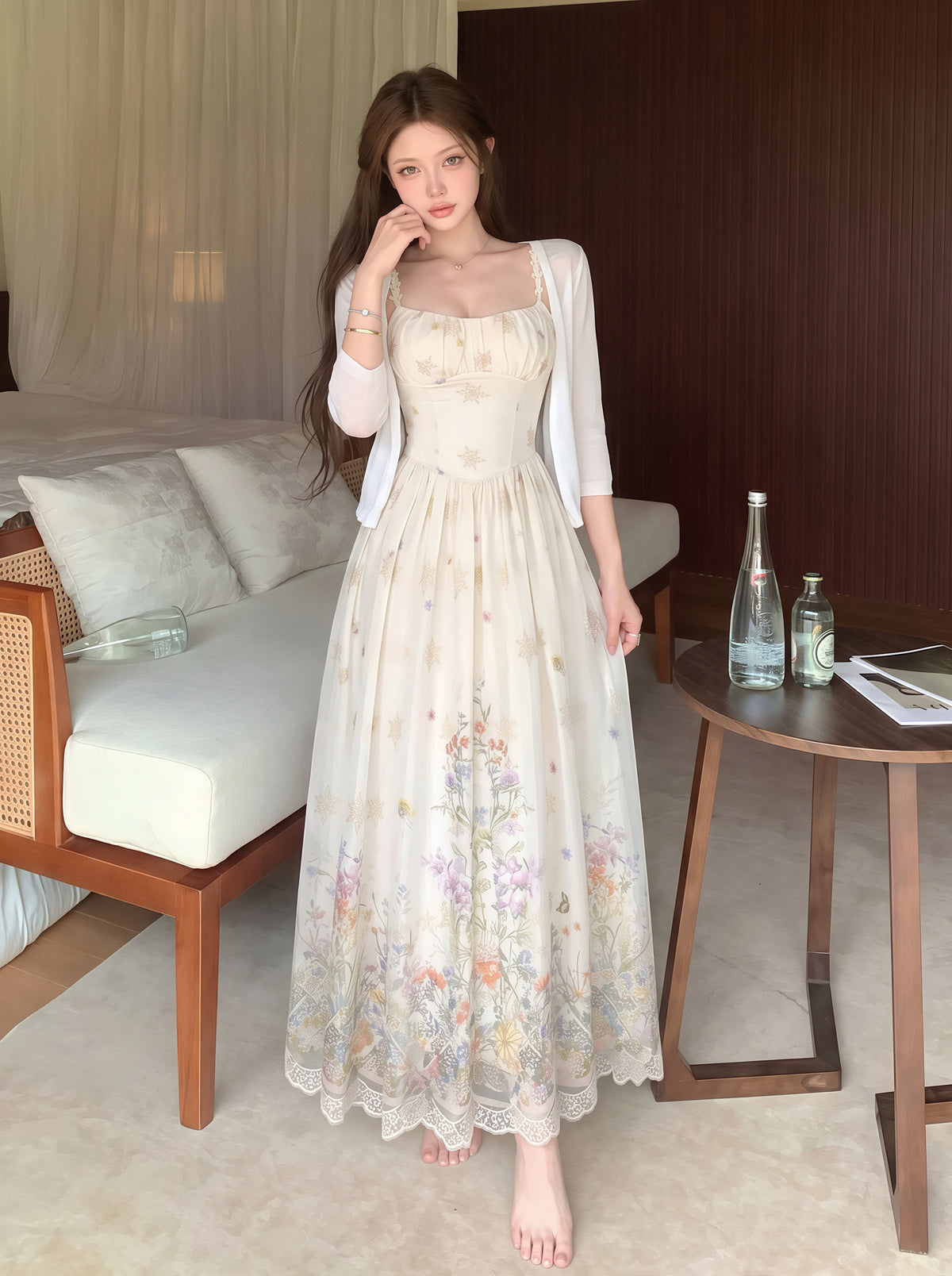 【set】フラワー柄キャミワンピース×カーディガンセット Q8739