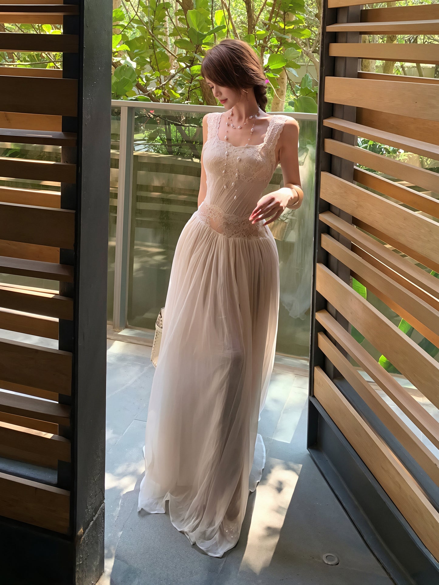 【dress】レースドッキングチュールロングワンピース Q8854