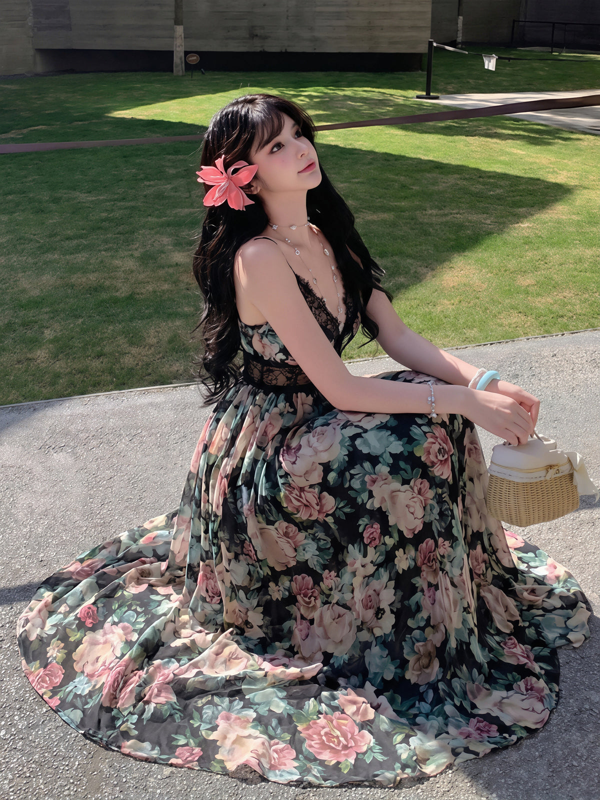 【dress】フラワー柄レースドッキングロングキャミワンピース Q8728
