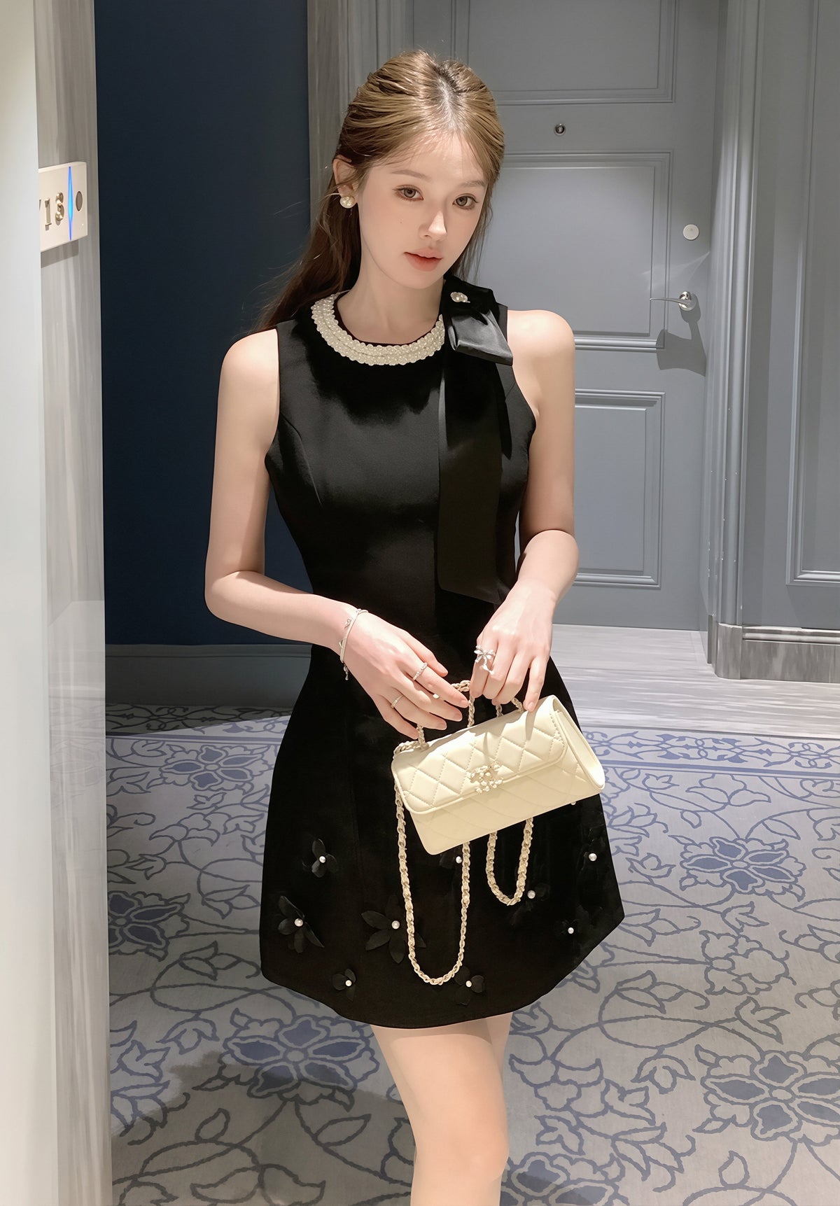 【dress】パール付きノースリーブワンピース Q8818